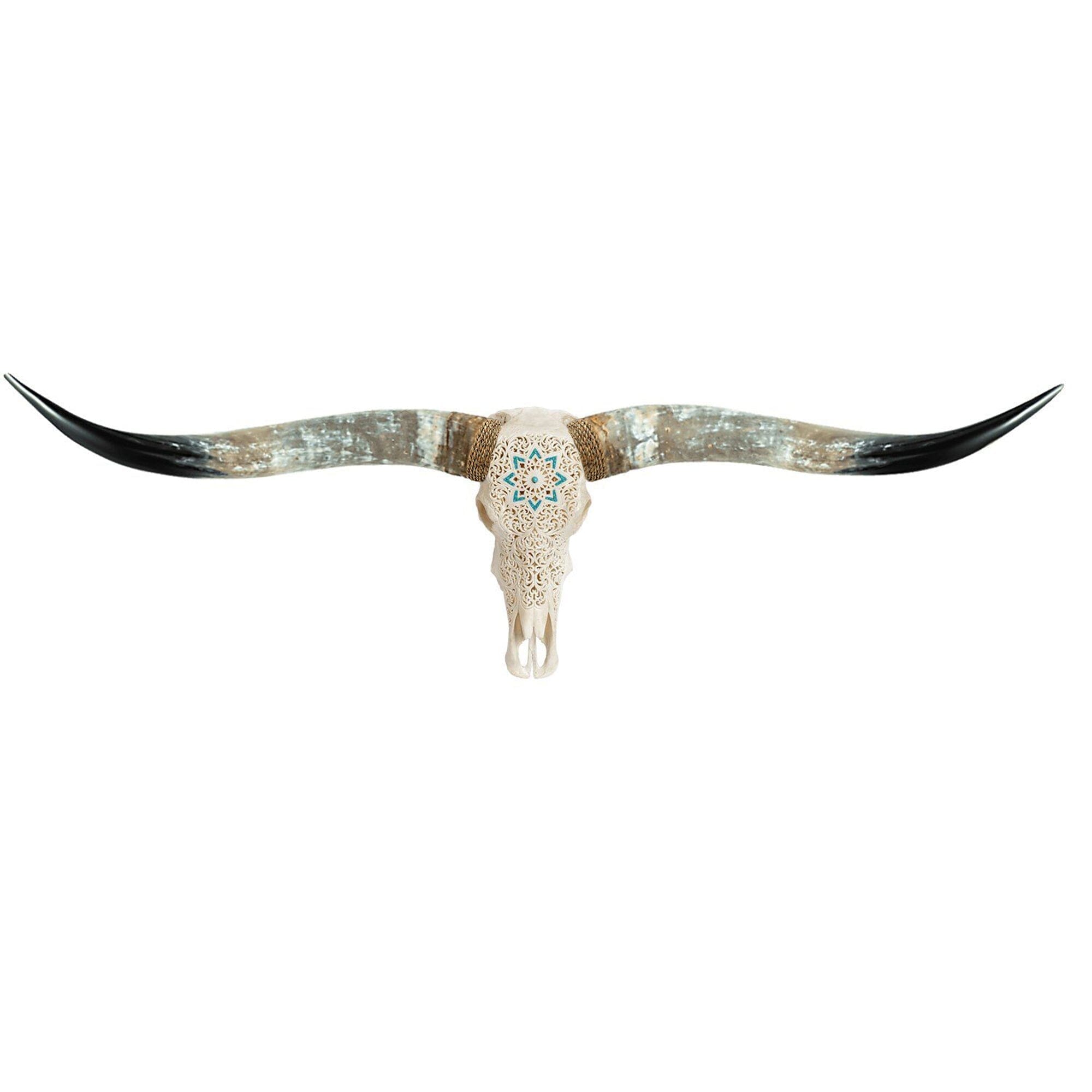Hand Carved Longhorn Skull - White Glowing Mandala