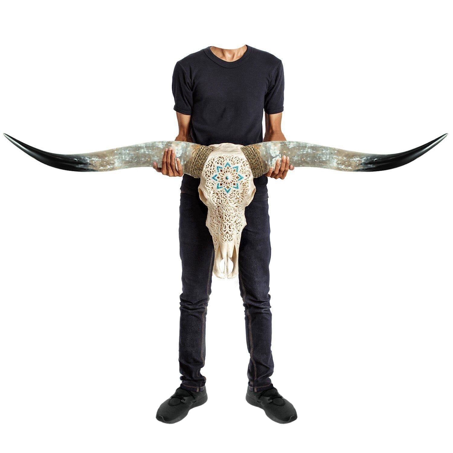 Hand Carved Longhorn Skull - White Glowing Mandala