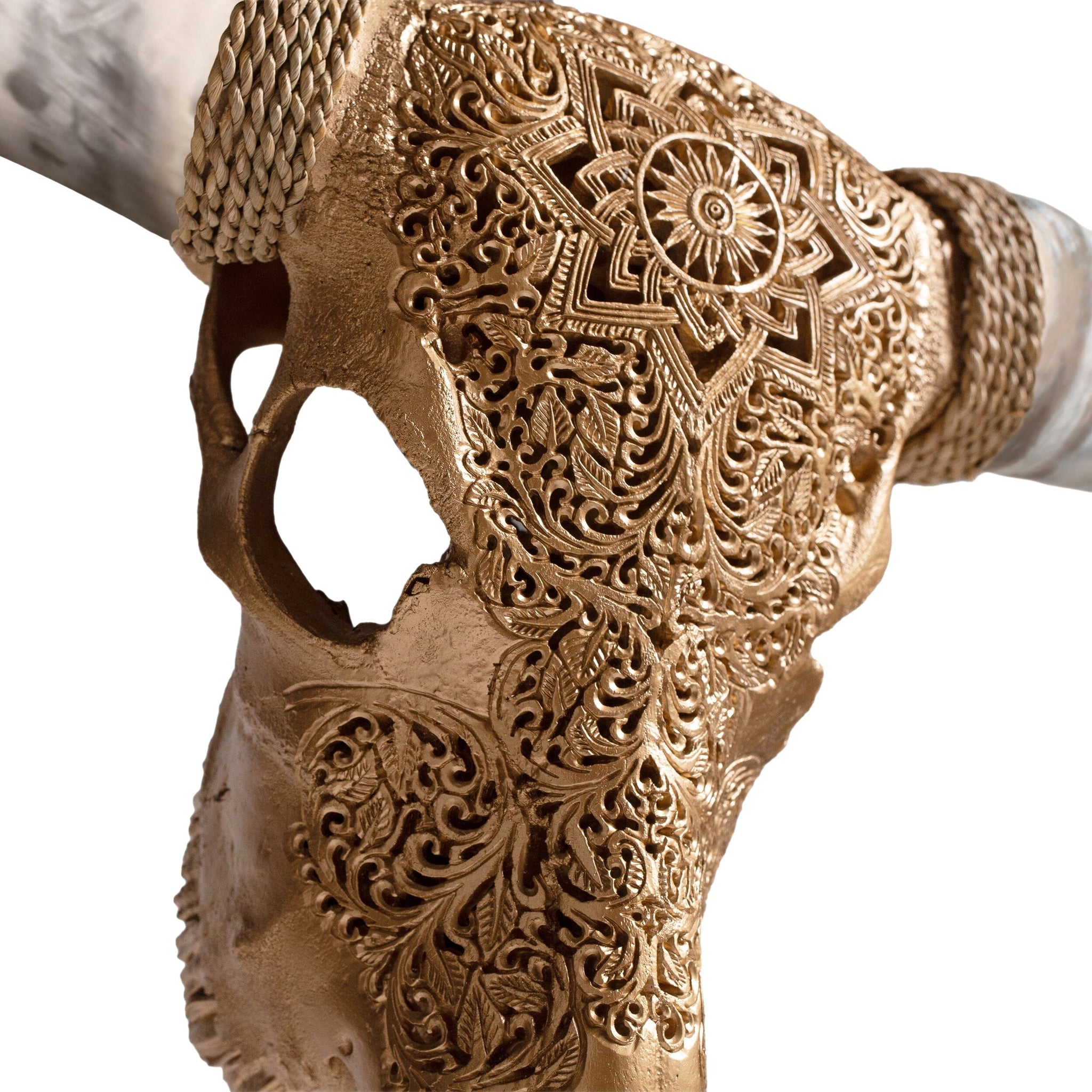 Hand Carved Longhorn Skull - Golden Mandala
