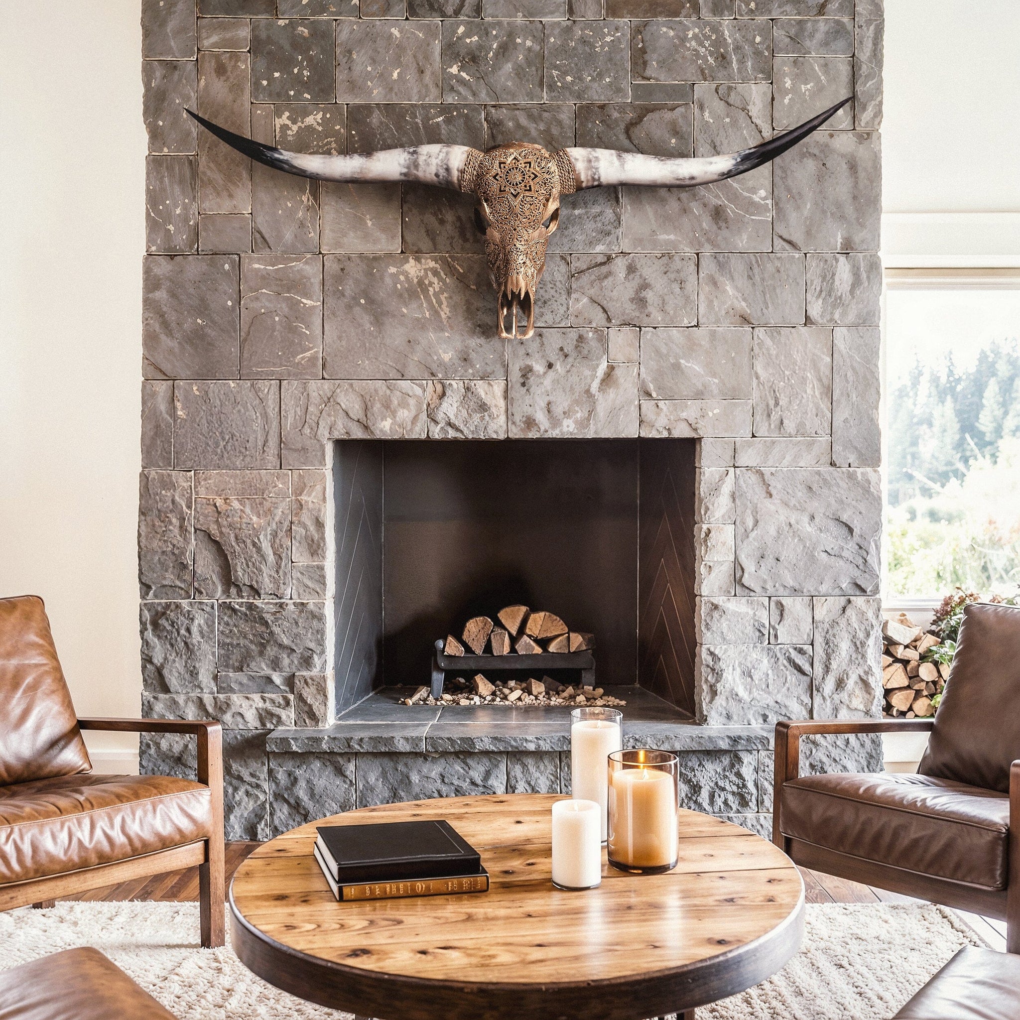 Hand Carved Longhorn Skull - Golden Mandala