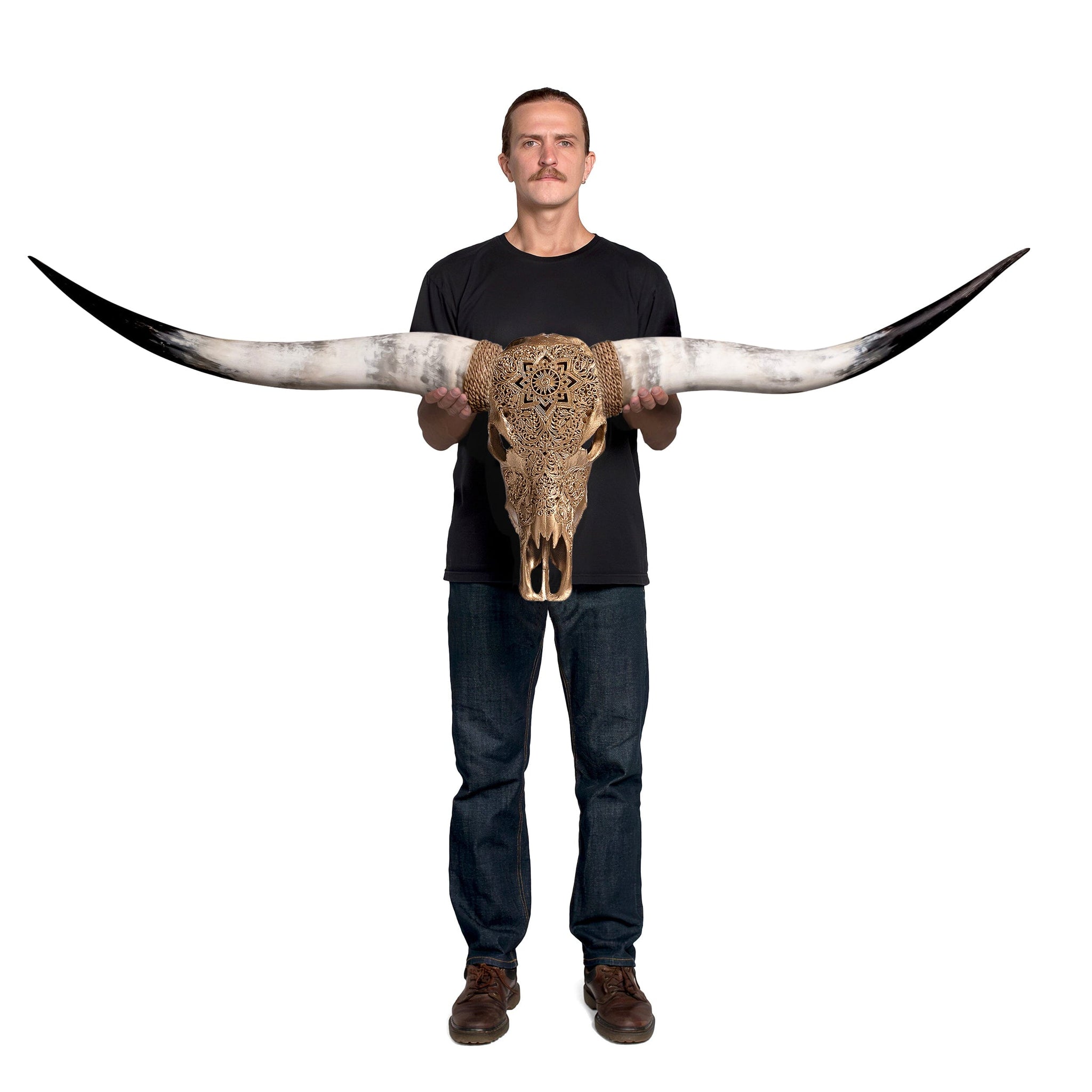 Hand Carved Longhorn Skull - Golden Mandala