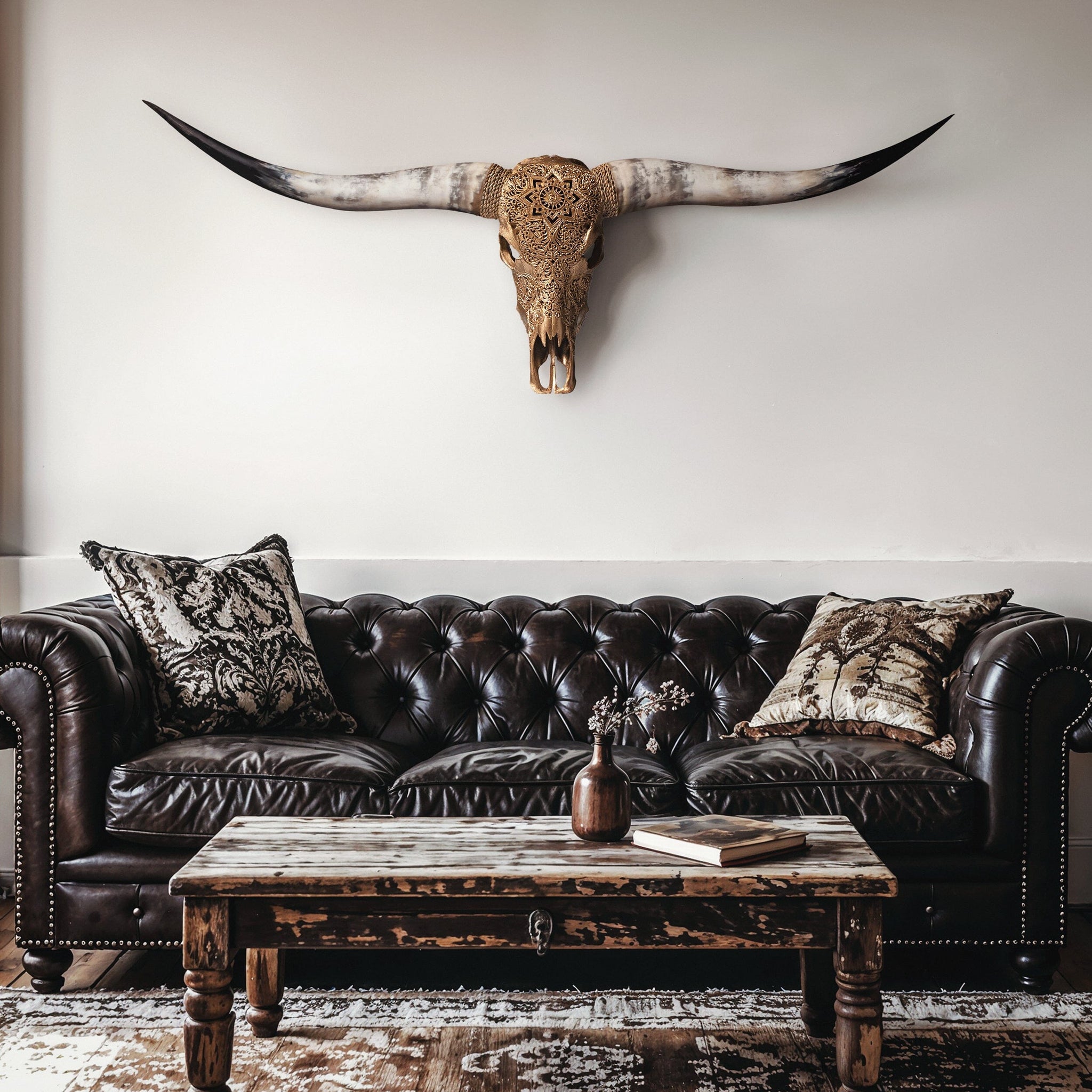 Hand Carved Longhorn Skull - Golden Mandala