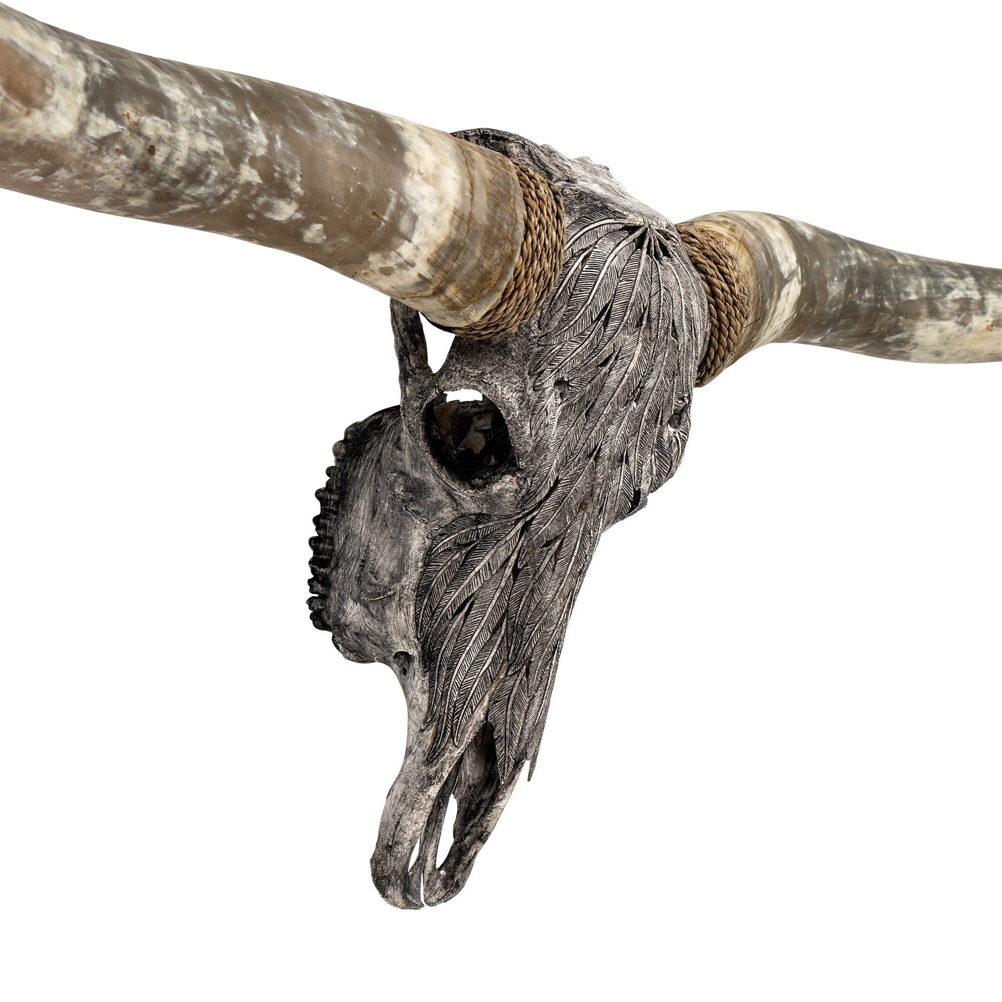 Hand Carved Longhorn Skull - Gray Feathers