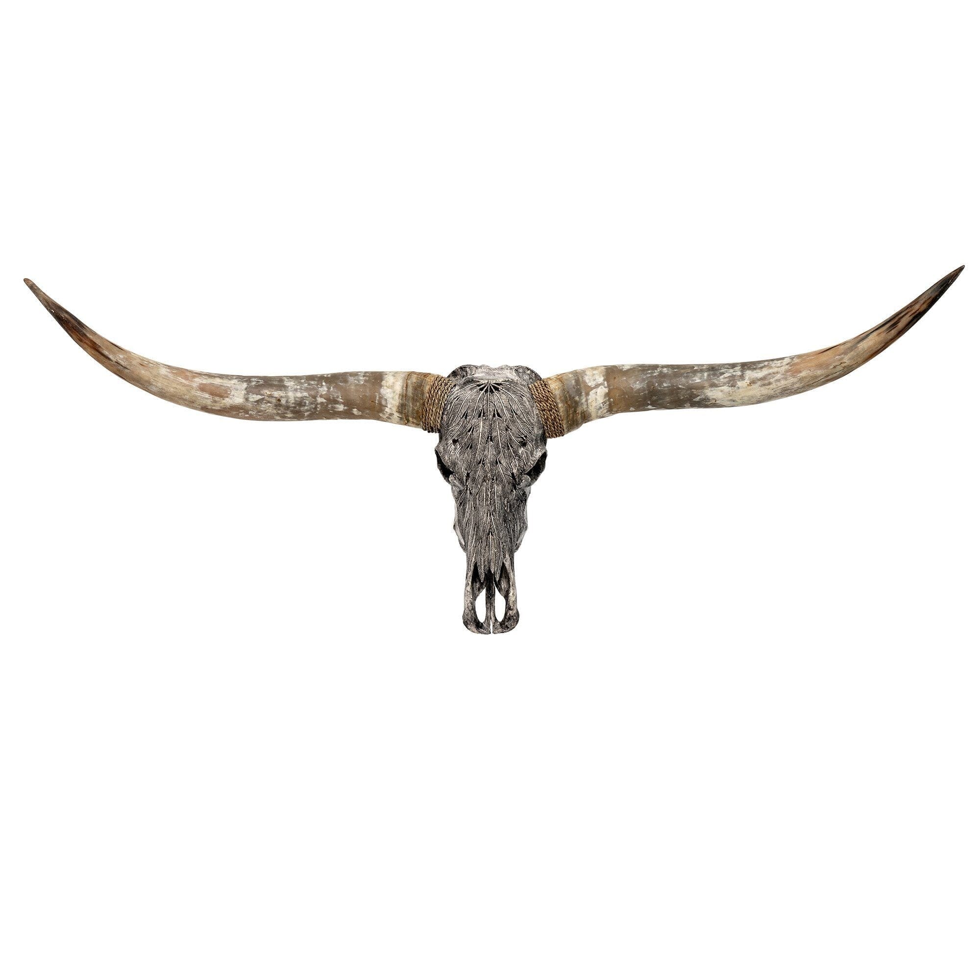 Hand Carved Longhorn Skull - Gray Feathers