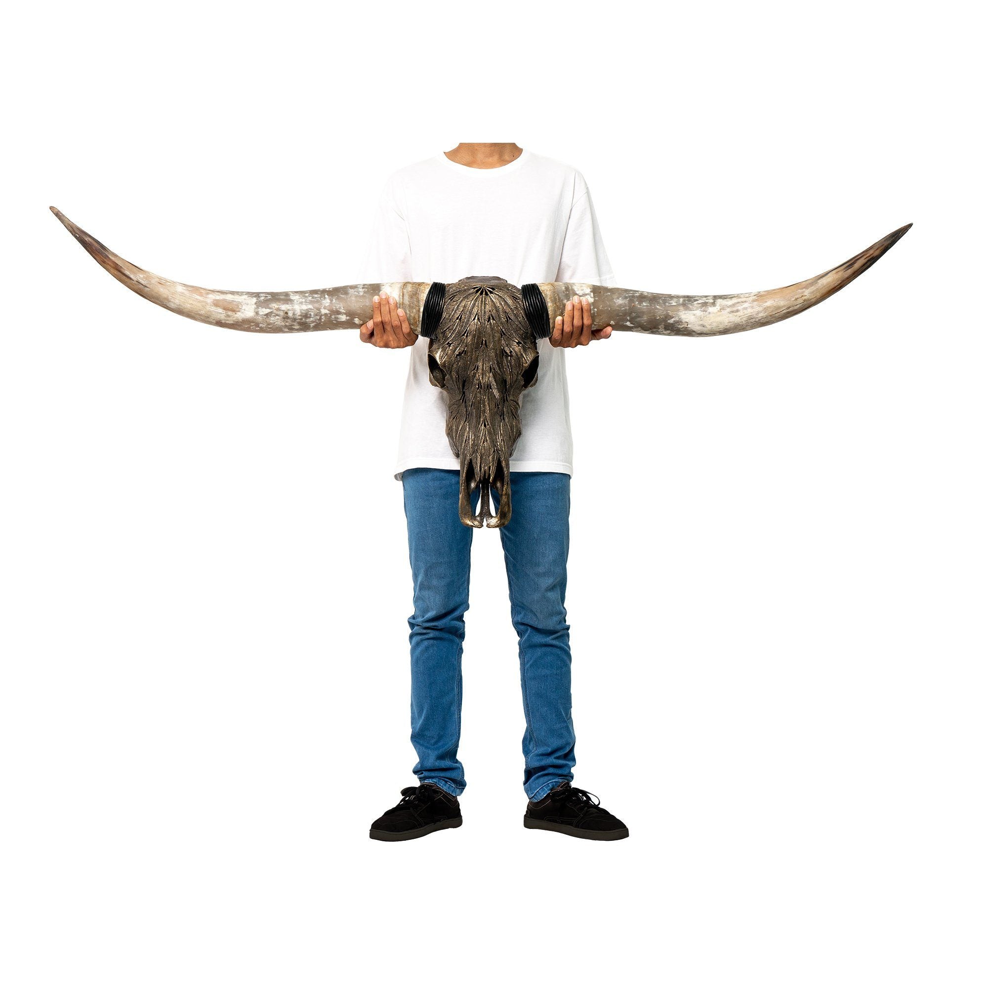 Hand Carved Longhorn Skull - Antique Bronze Feathers // Metallic Finish