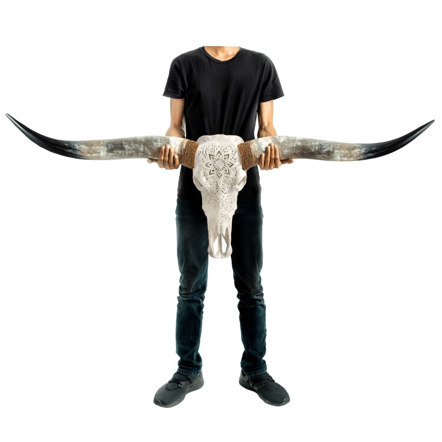 Hand Carved Longhorn Skull - White Mandala