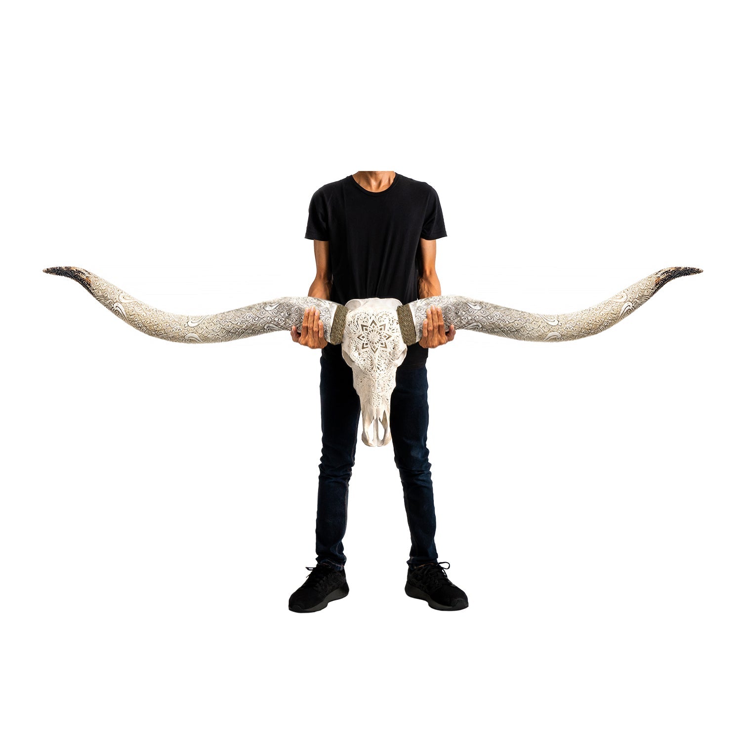 Hand Carved Longhorn Skull // XL Horns - White Mandala