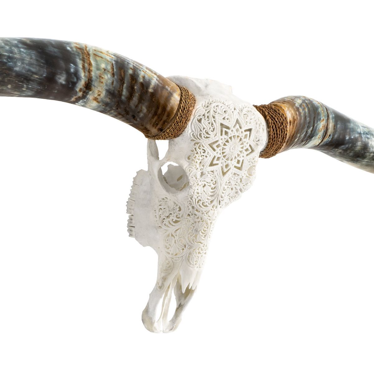 Hand Carved Longhorn Skull // XL Horns - White Mandala