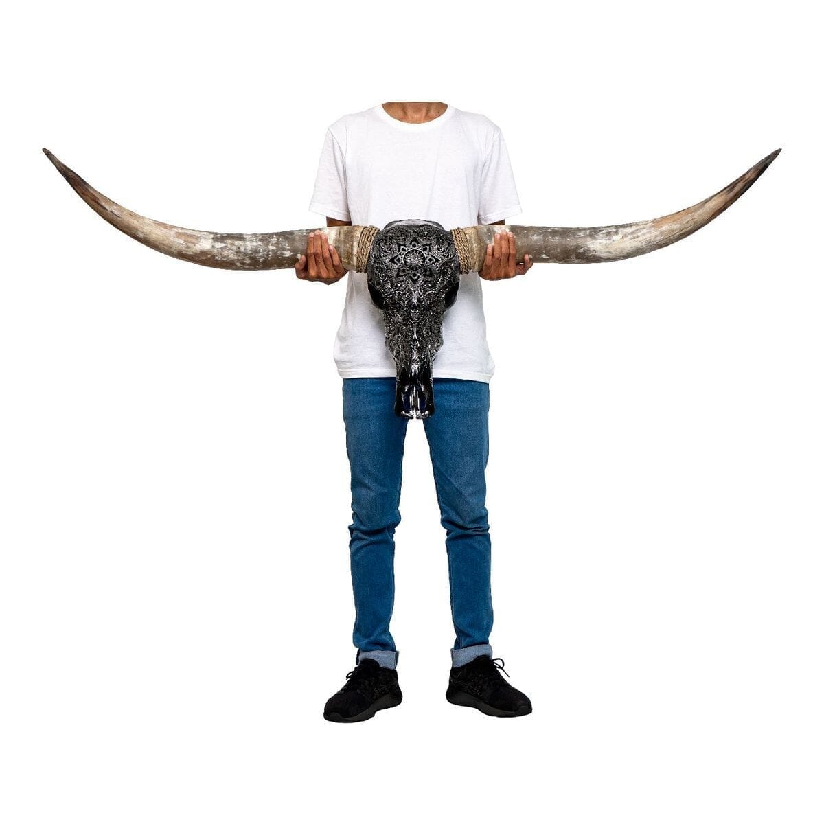 Hand Carved Longhorn Skull - Black Mandala