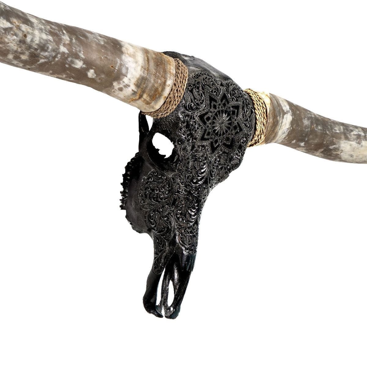 Hand Carved Longhorn Skull - Black Mandala