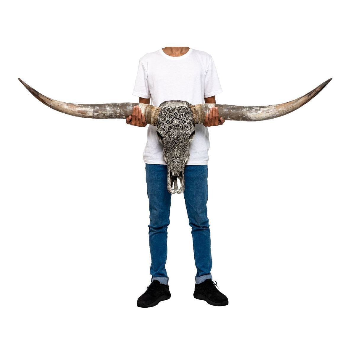 Hand Carved Longhorn Skull - Gray Mandala