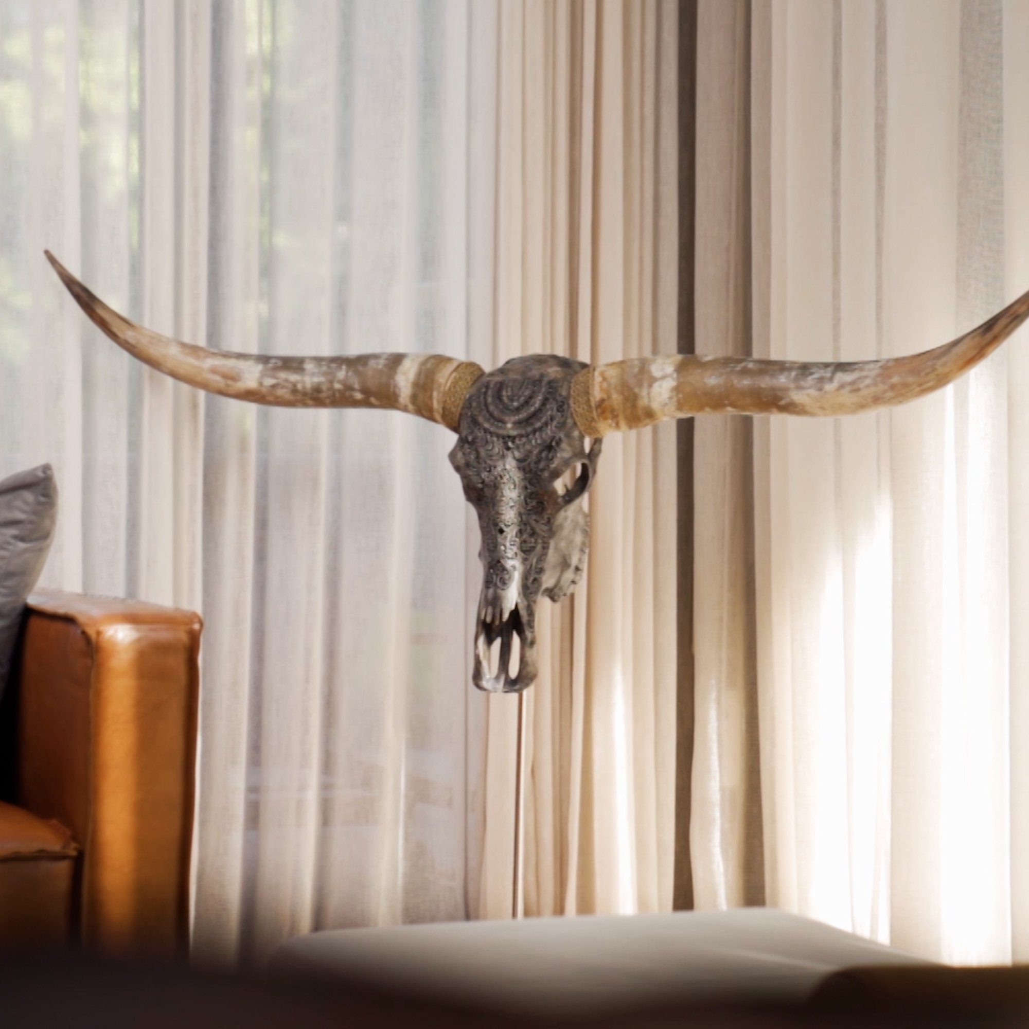 Hand Carved Longhorn Skull - White Feathers