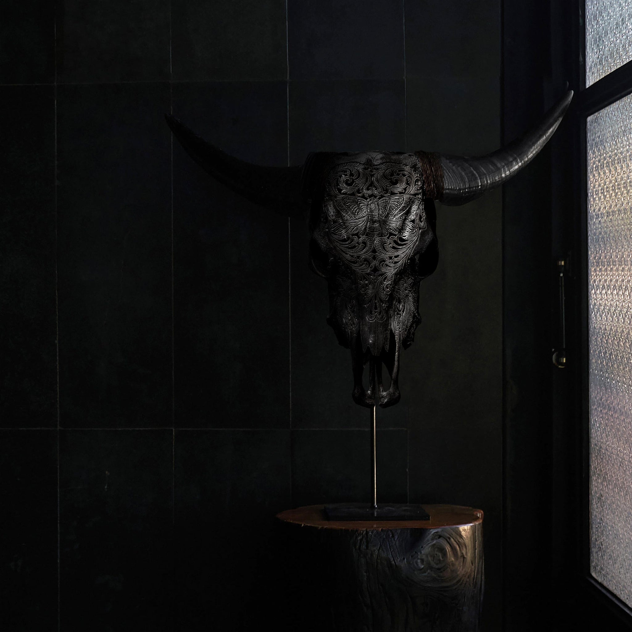 Hand Carved Cow Skull - Black Moth