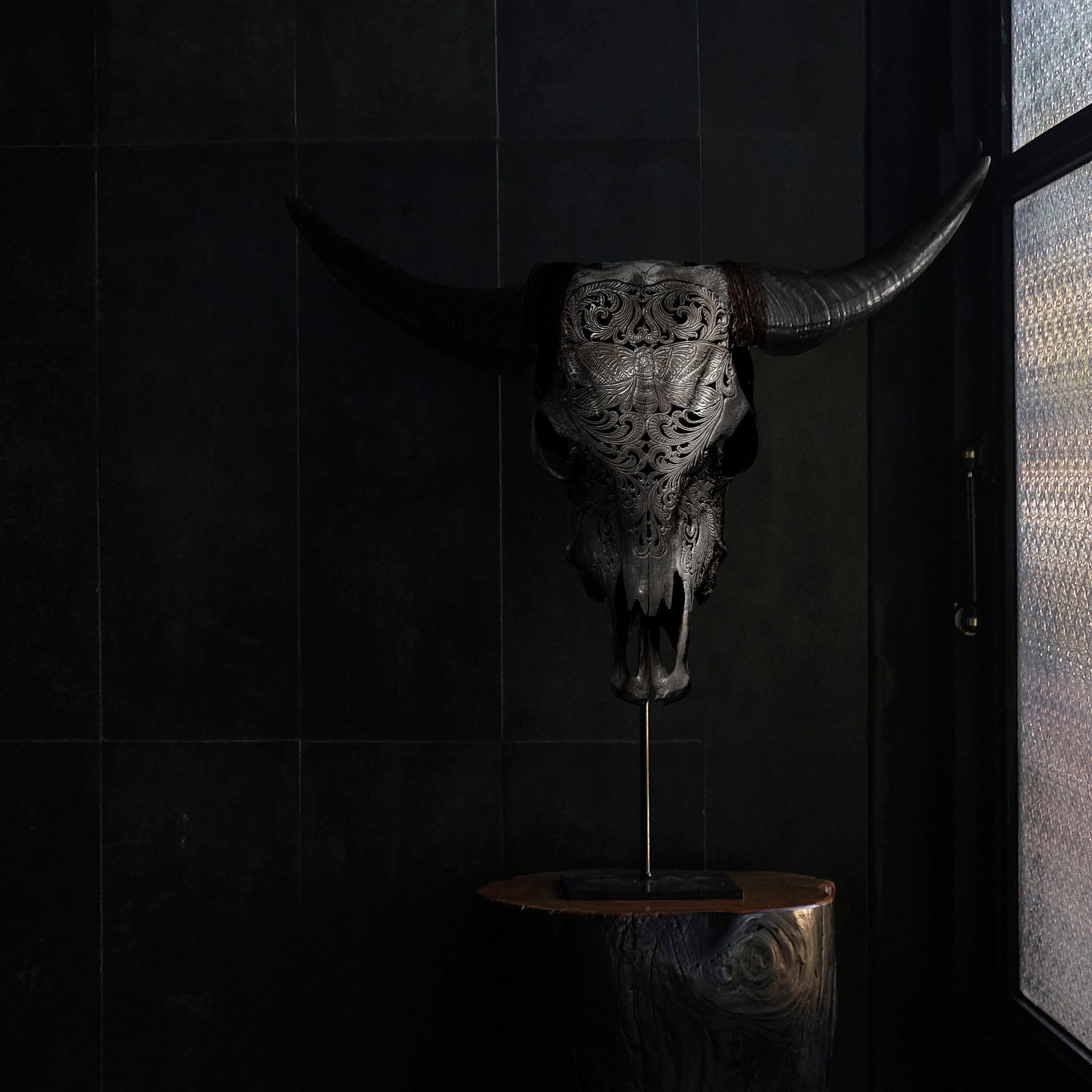 Hand Carved Cow Skull - Gray Moth