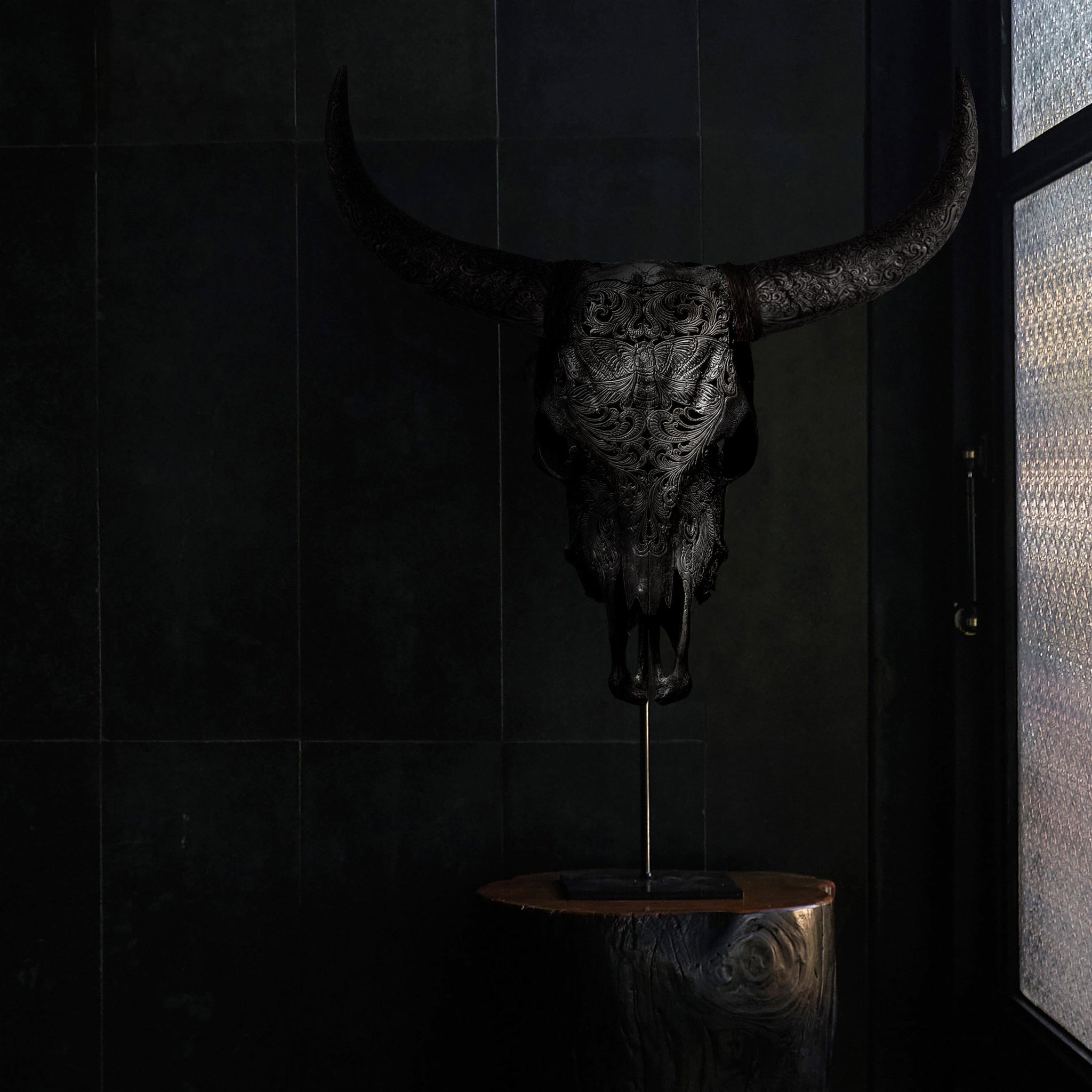 Hand Carved Cow Skull - Black Moth
