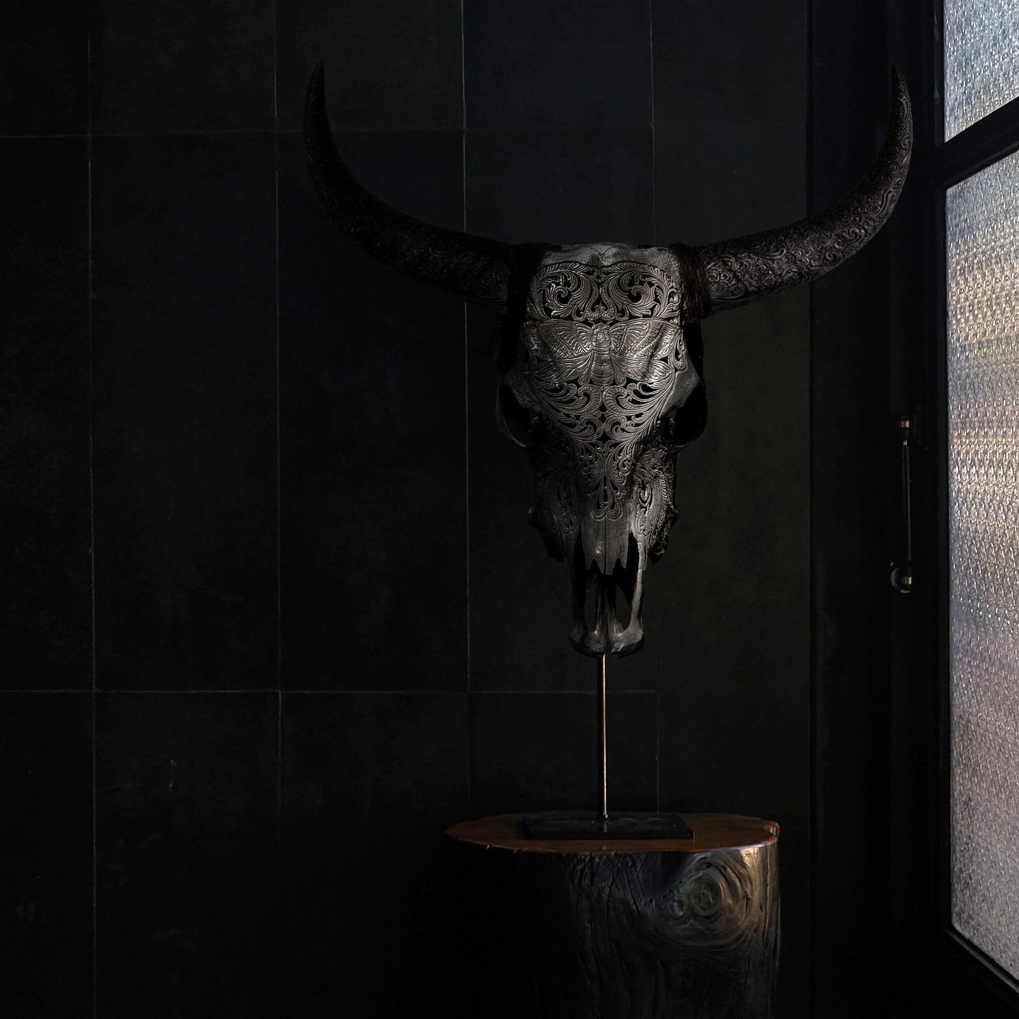 Hand Carved Cow Skull - Gray Moth
