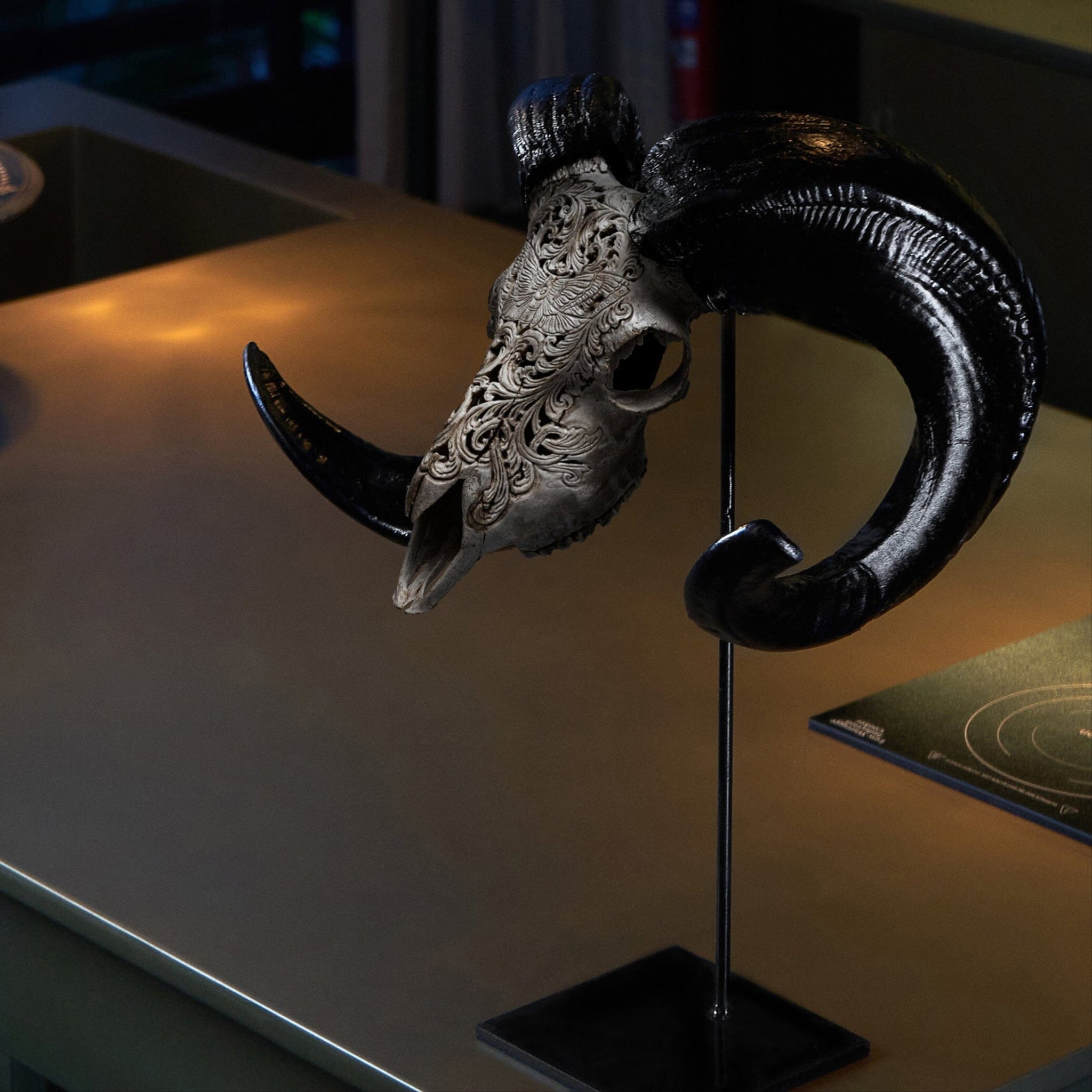 Hand Carved Ram Skull - Gray Moth