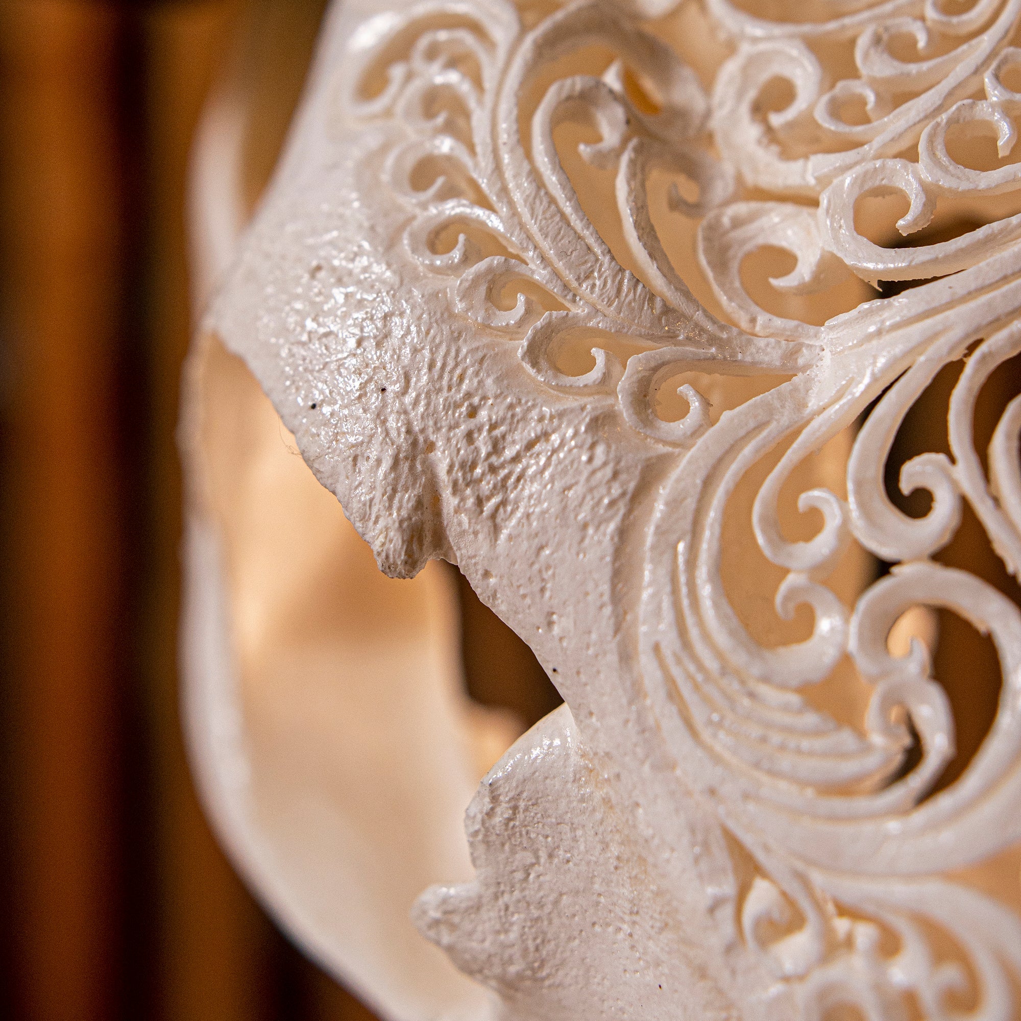 Hand Carved Cow Skull - White Sun