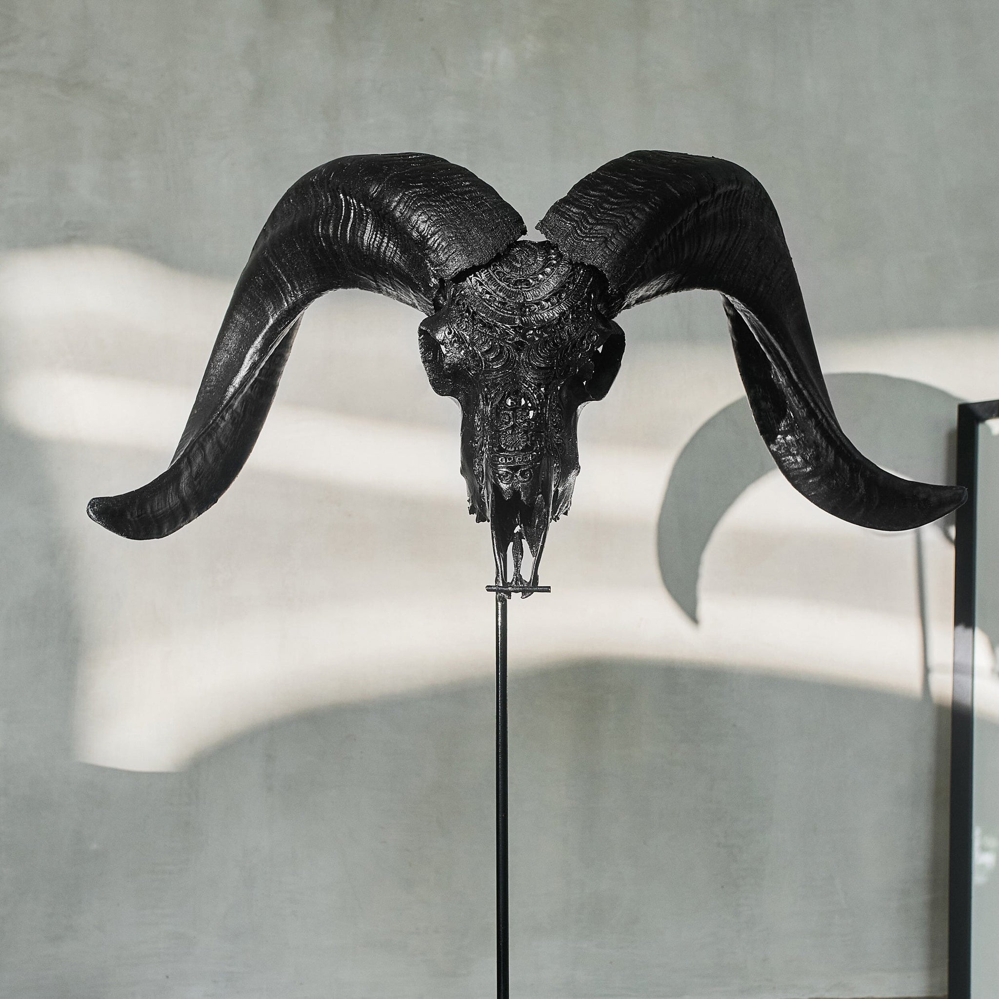 Hand Carved Ram Skull - Matte Black Boho