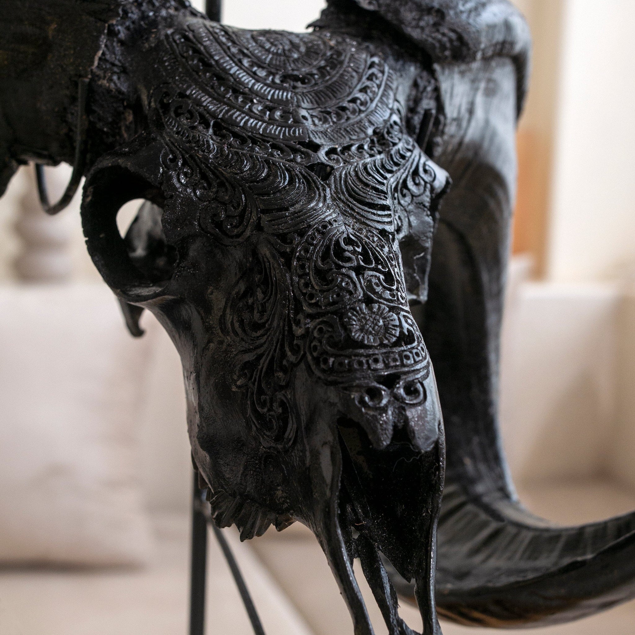 Hand Carved Ram Skull - Matte Black Boho