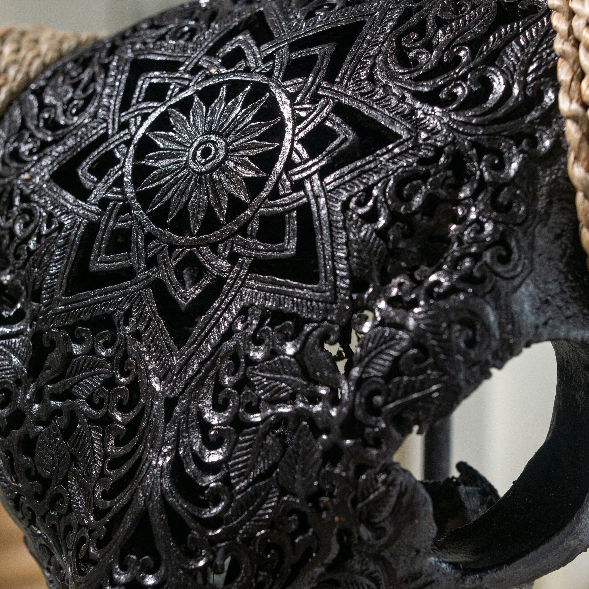 Hand Carved Longhorn Skull - Black Mandala
