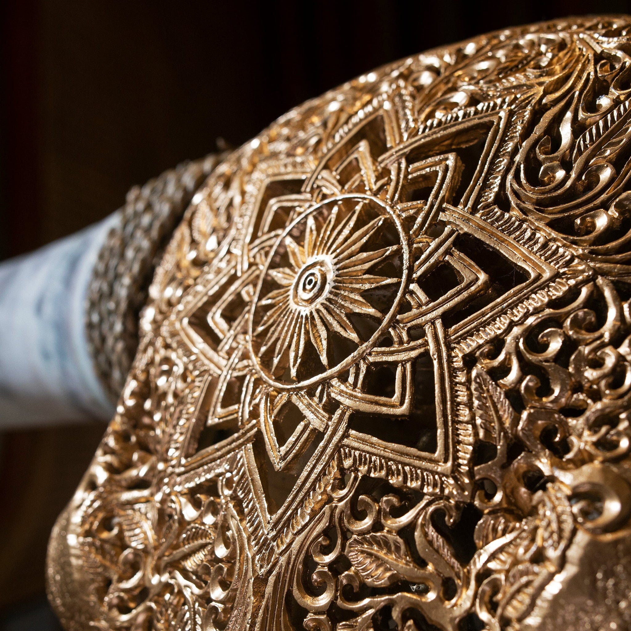 Hand Carved Longhorn Skull - Golden Mandala