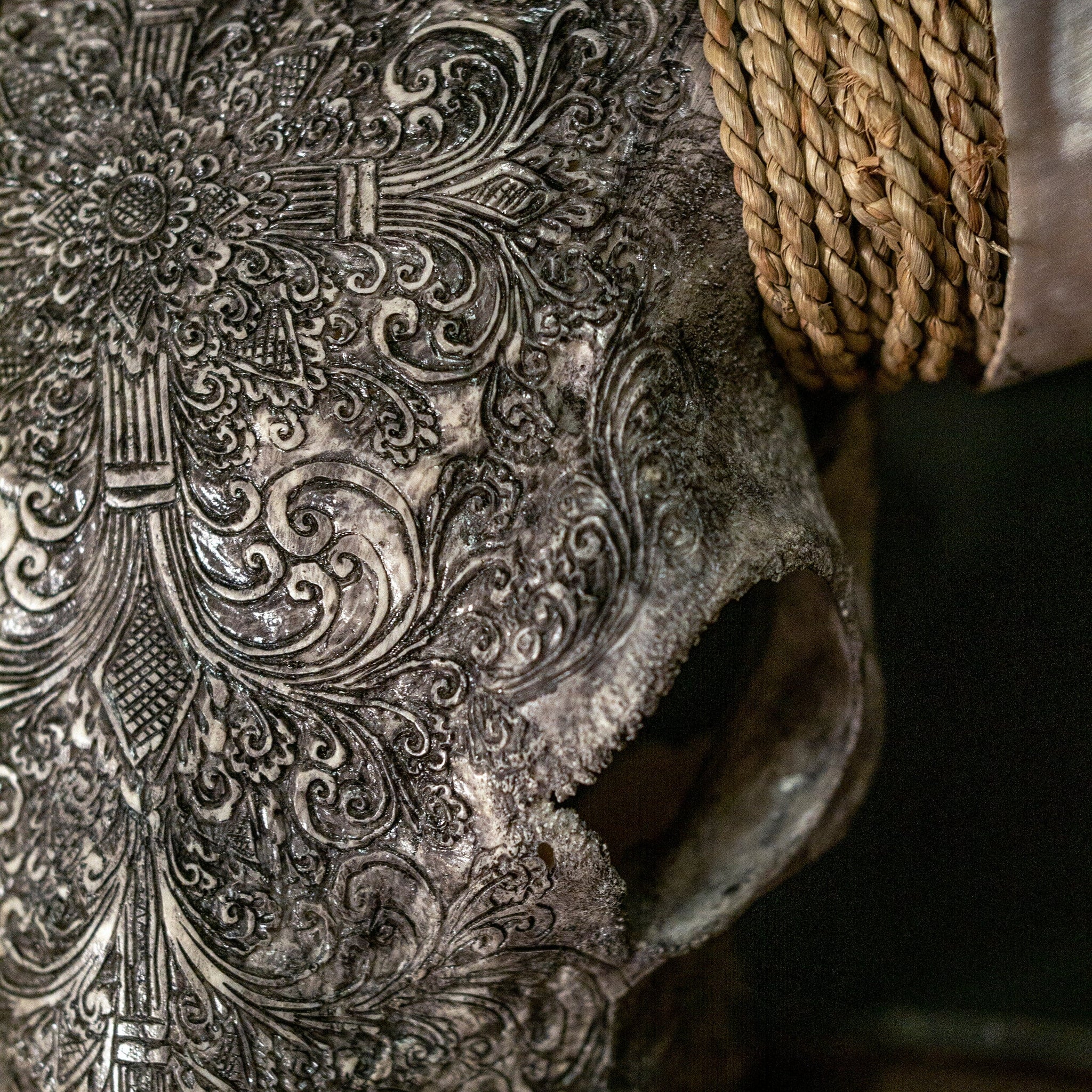 Hand Carved Longhorn Skull - Gray Fine Line