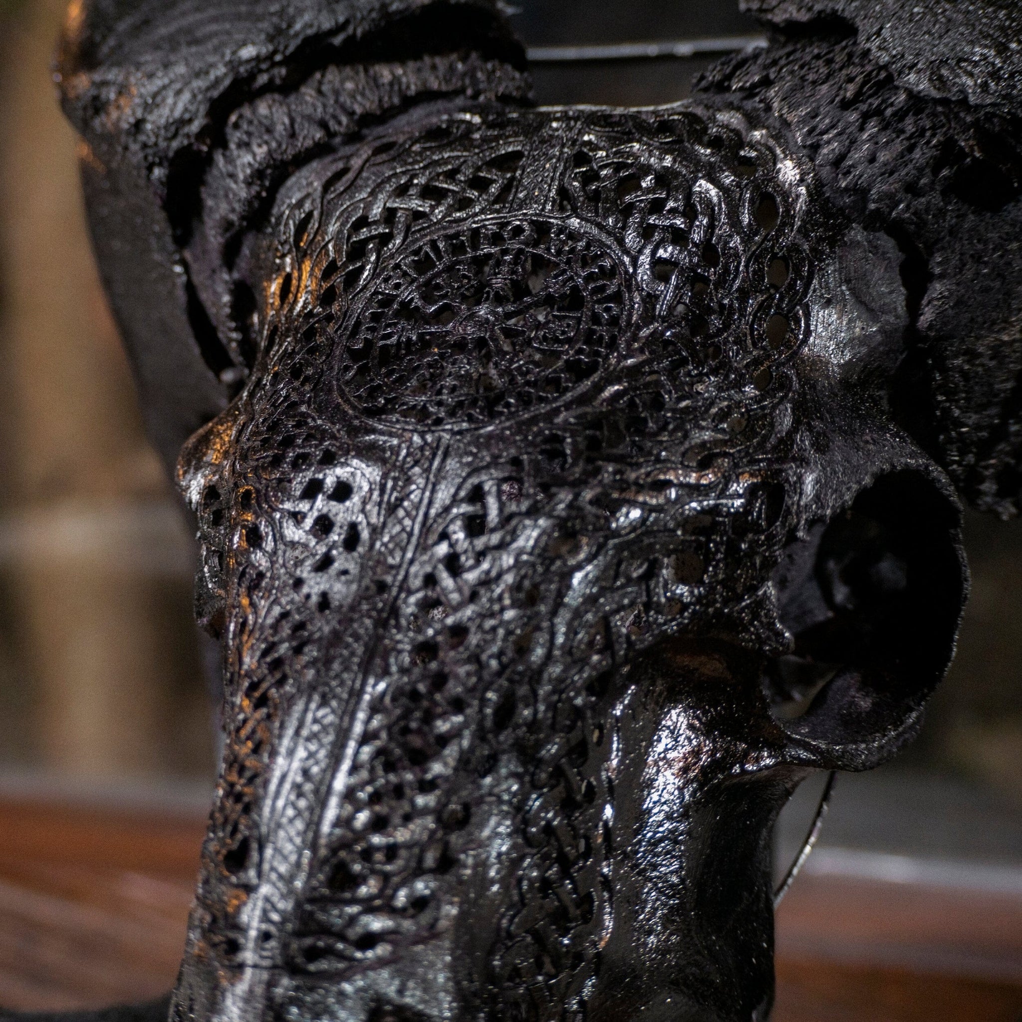 Hand Carved Ram Skull - Black Vegvísir