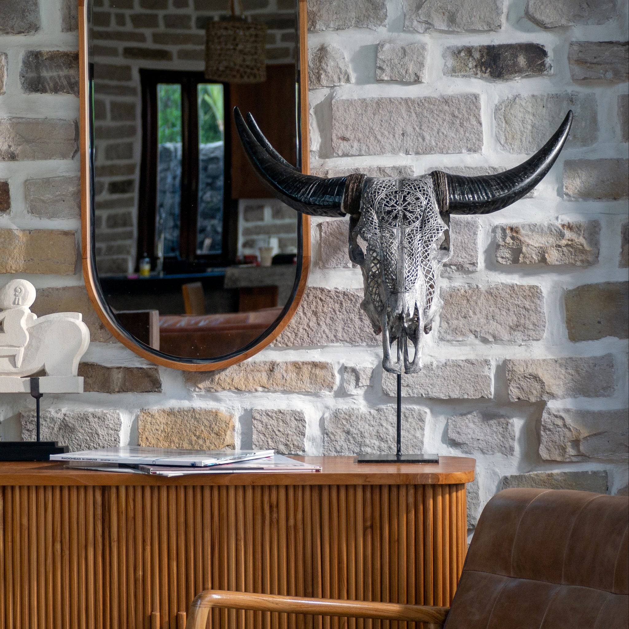 Hand Carved Cow Skull - Gray Vegvísir