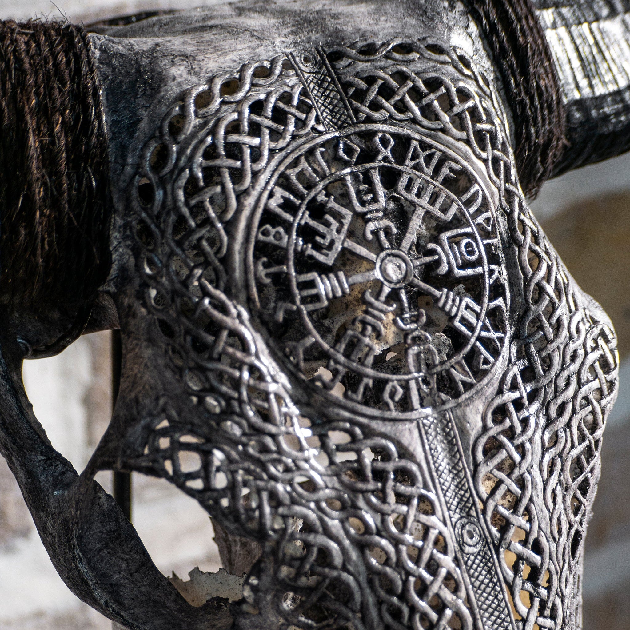 Hand Carved Cow Skull - Gray Vegvísir