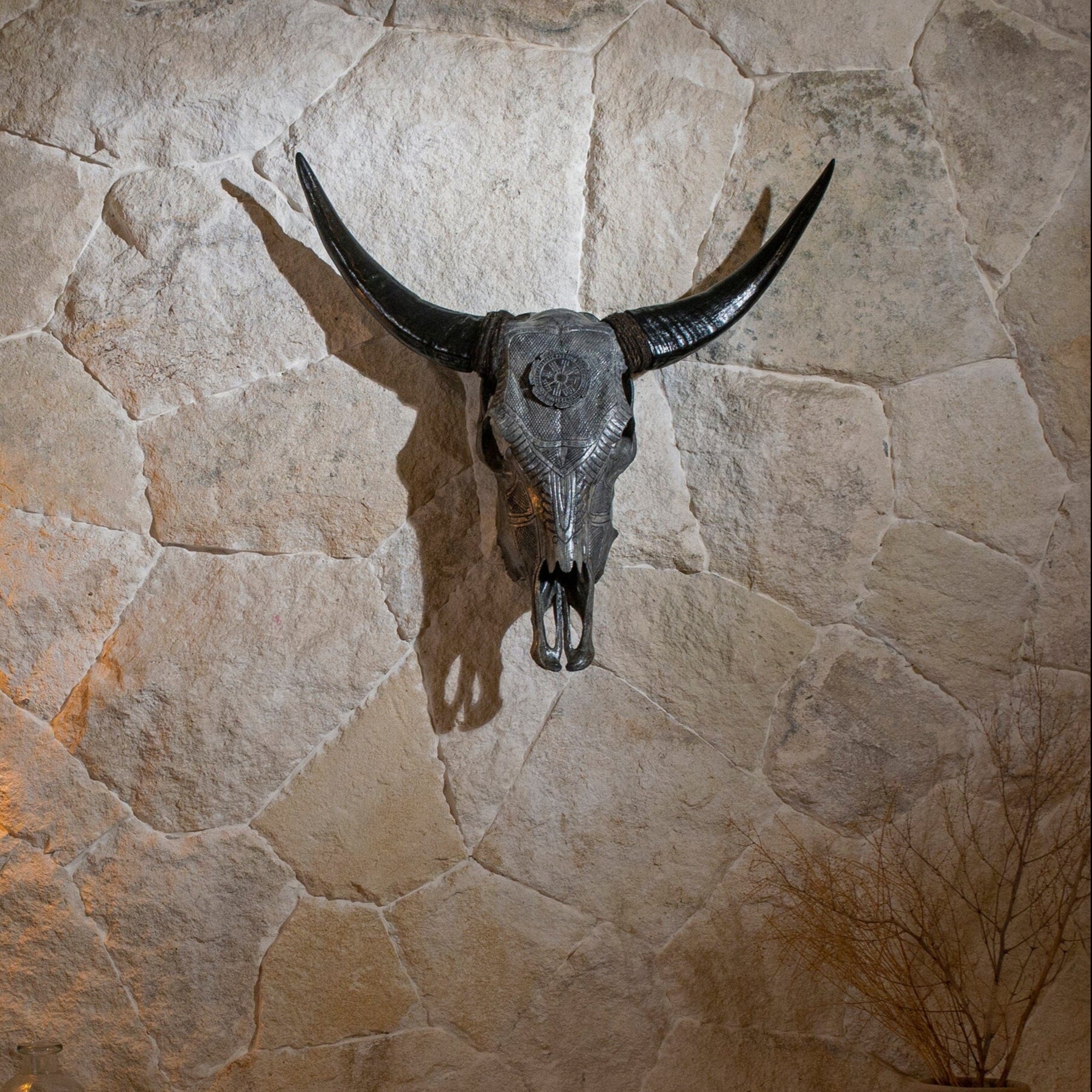 Hand Carved Cow Skull - Gray Nordic Compass