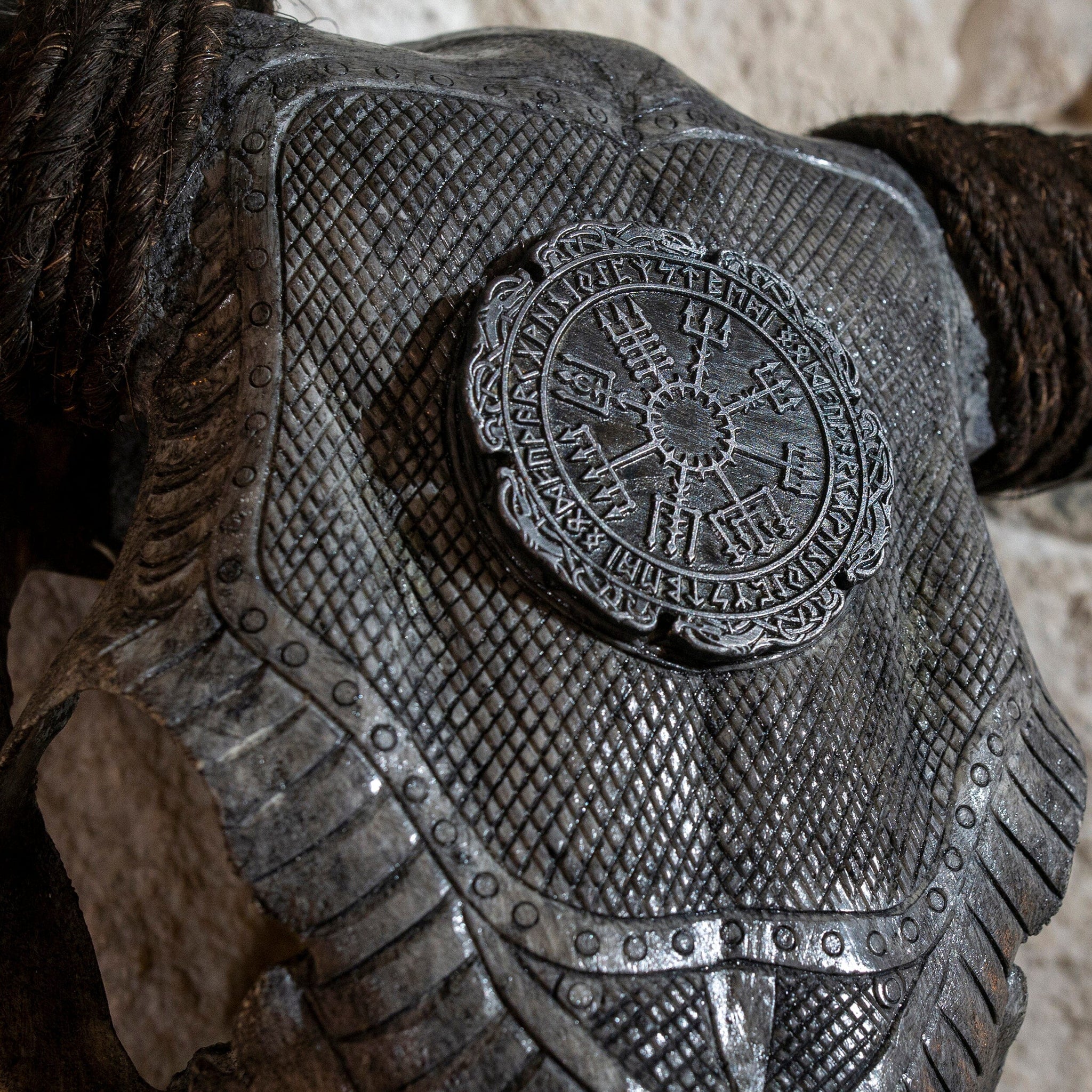 Hand Carved Cow Skull - Gray Nordic Compass