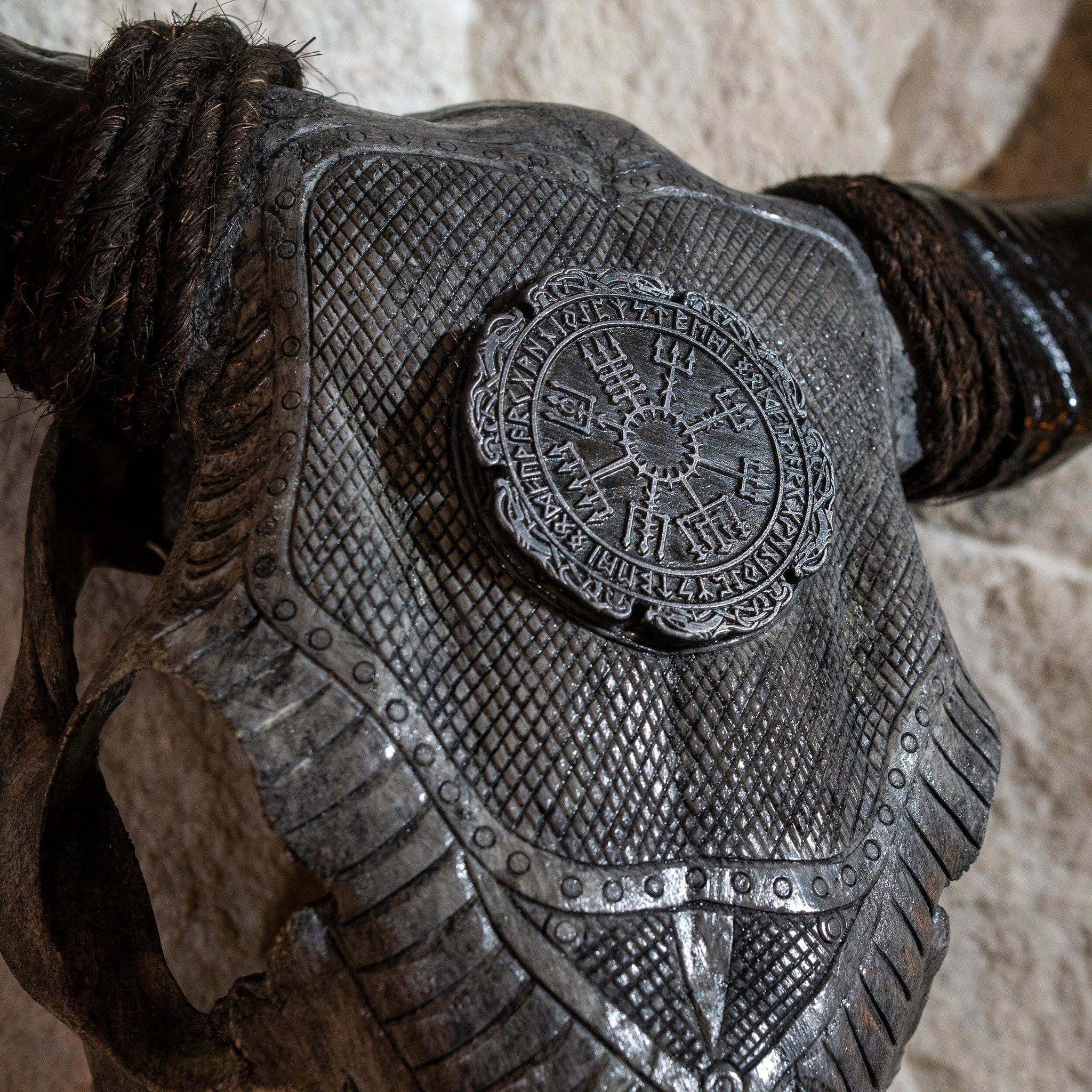 Hand Carved Cow Skull - Gray Nordic Compass