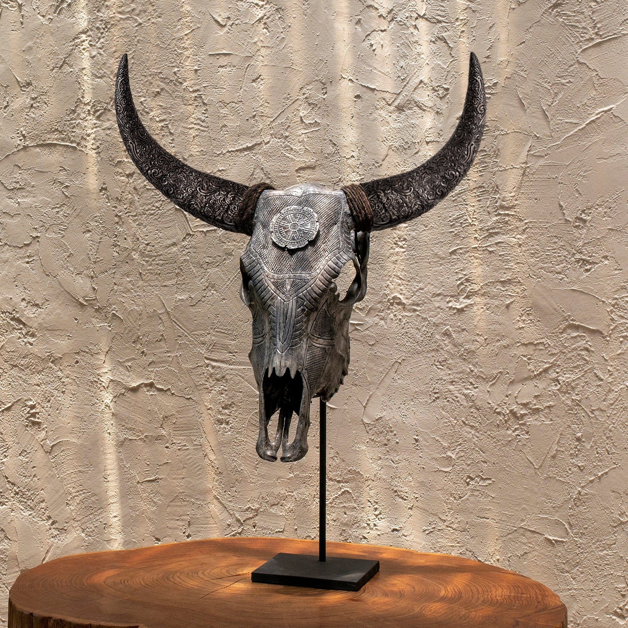 Hand Carved Cow Skull - Gray Nordic Compass