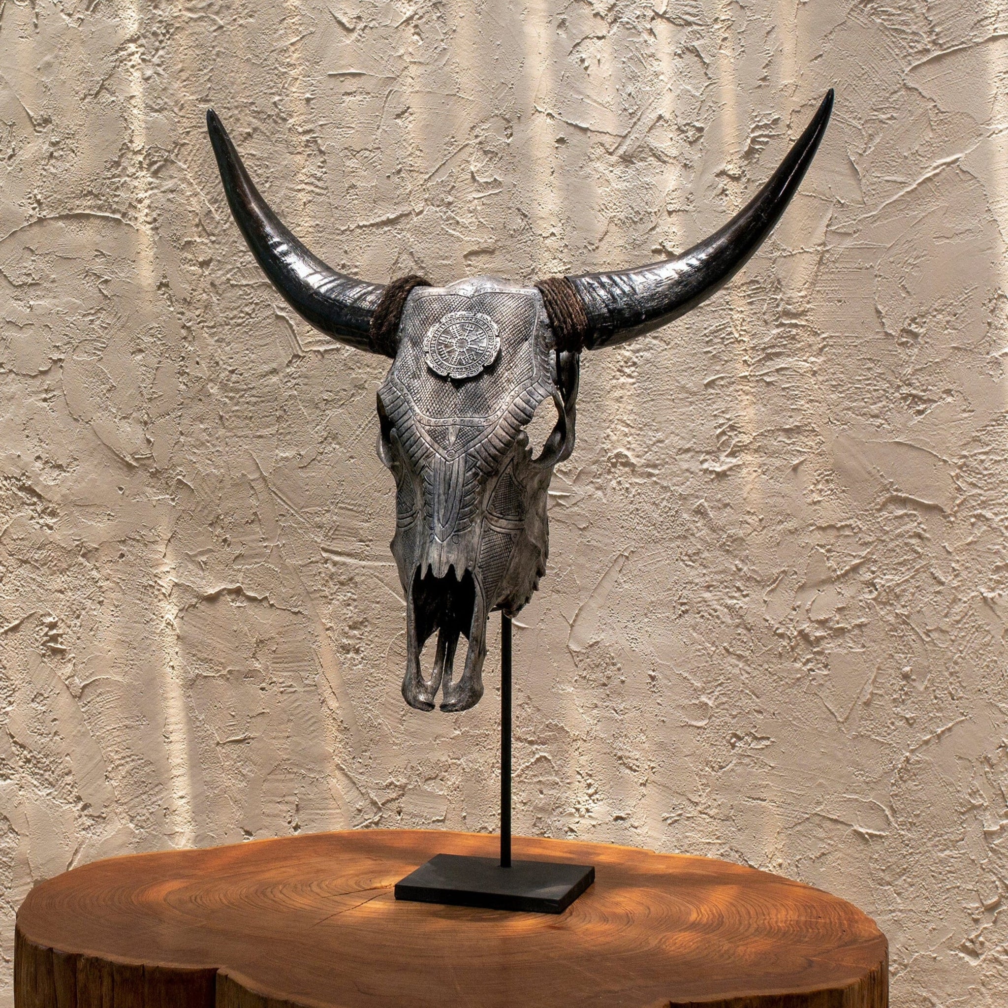 Hand Carved Cow Skull - Gray Nordic Compass