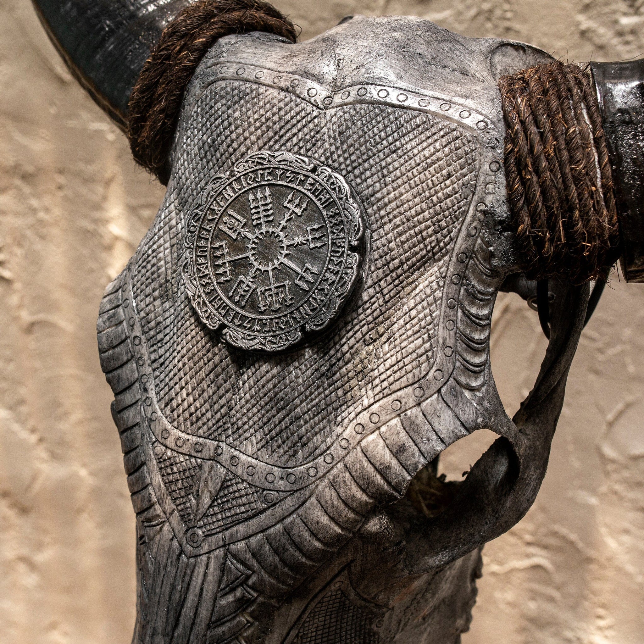 Hand Carved Cow Skull - Gray Nordic Compass