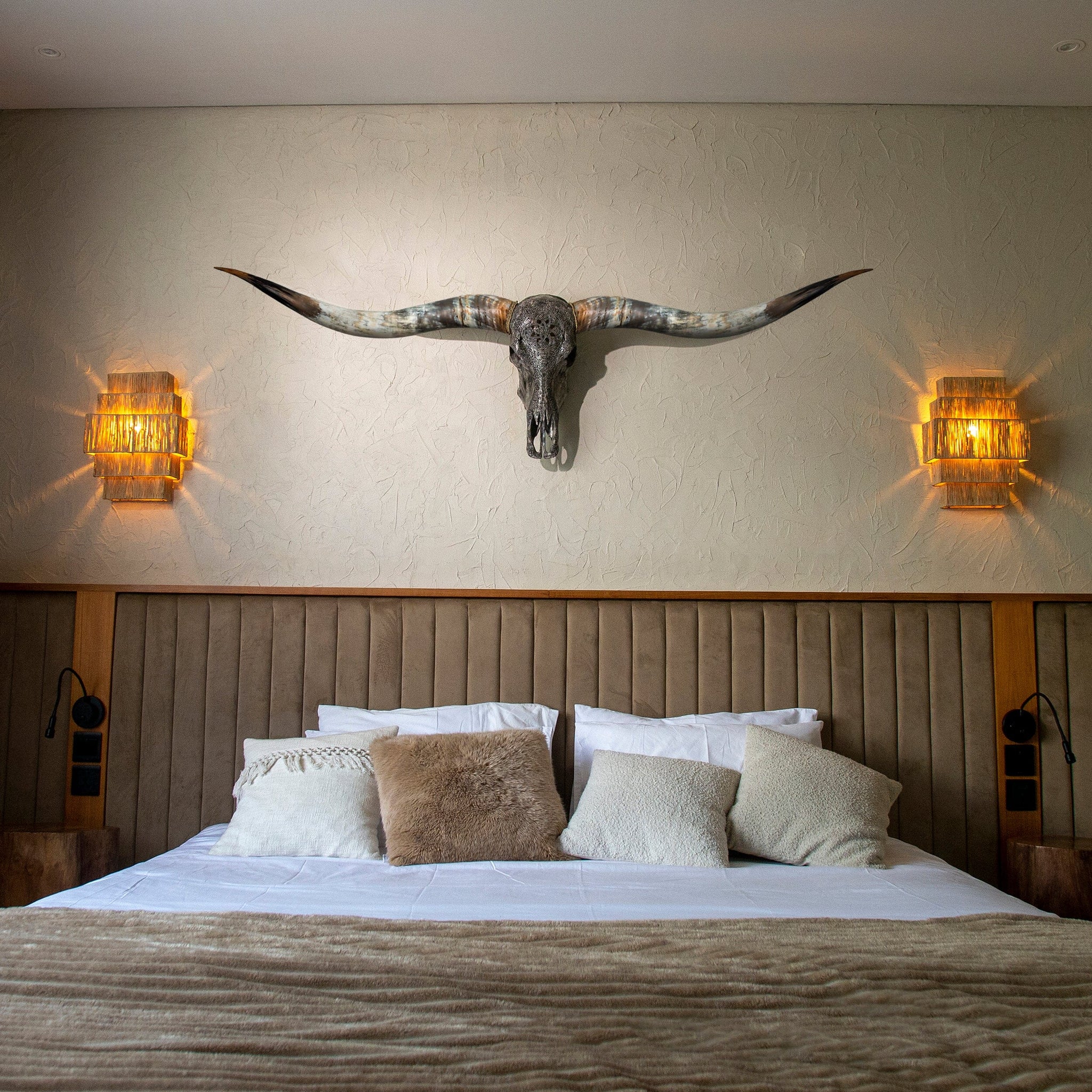 Hand Carved Longhorn Skull // XL Horns - Gray Norse Rune