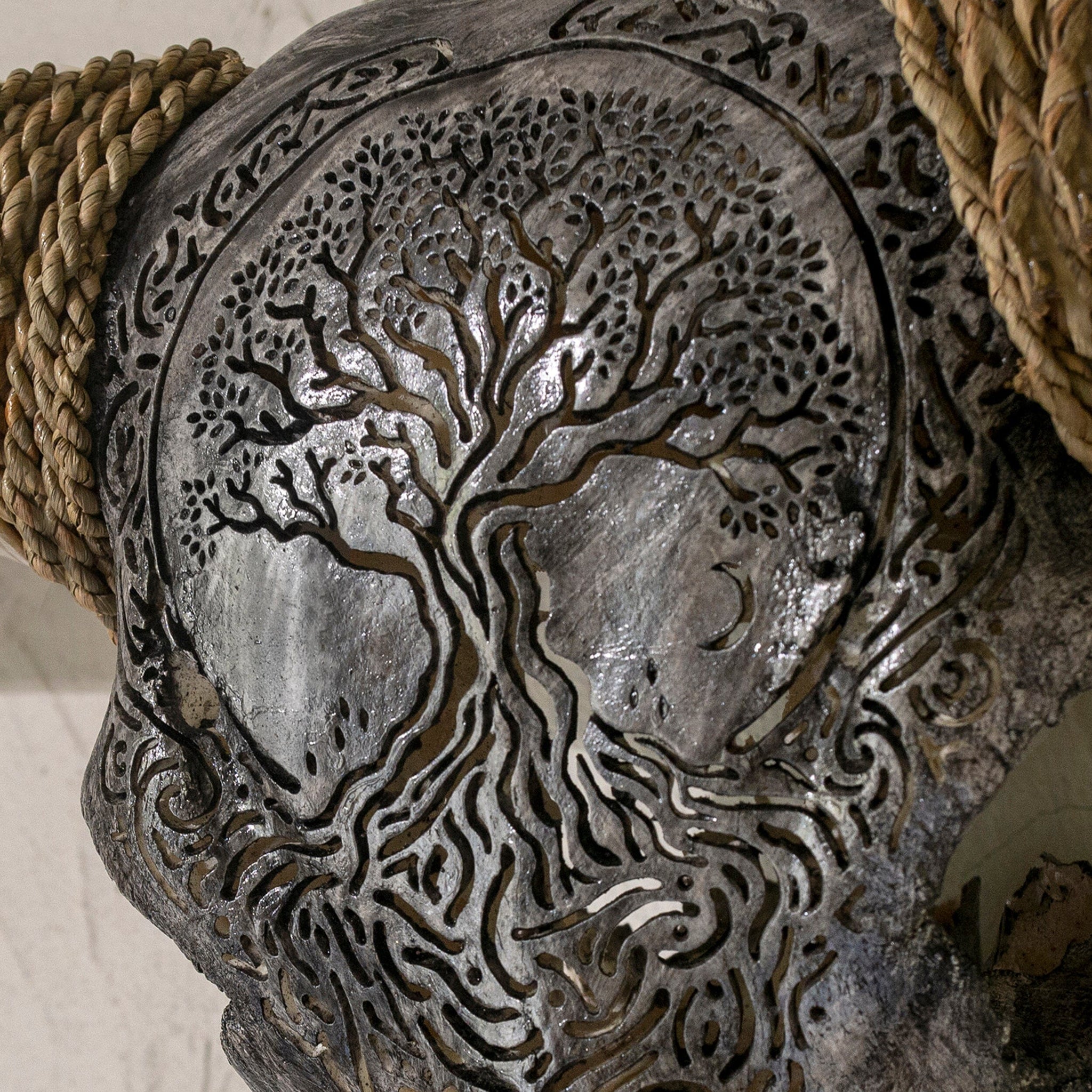Hand Carved Longhorn Skull - Gray Yggdrasil