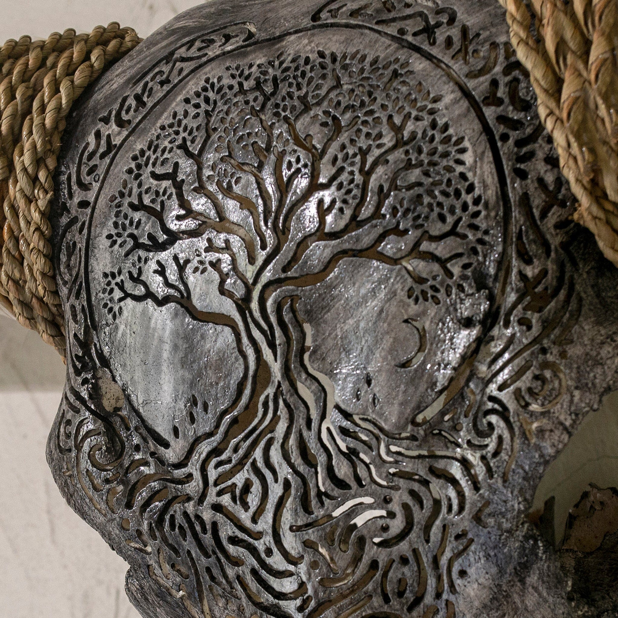 Hand Carved Longhorn Skull - Gray Yggdrasil
