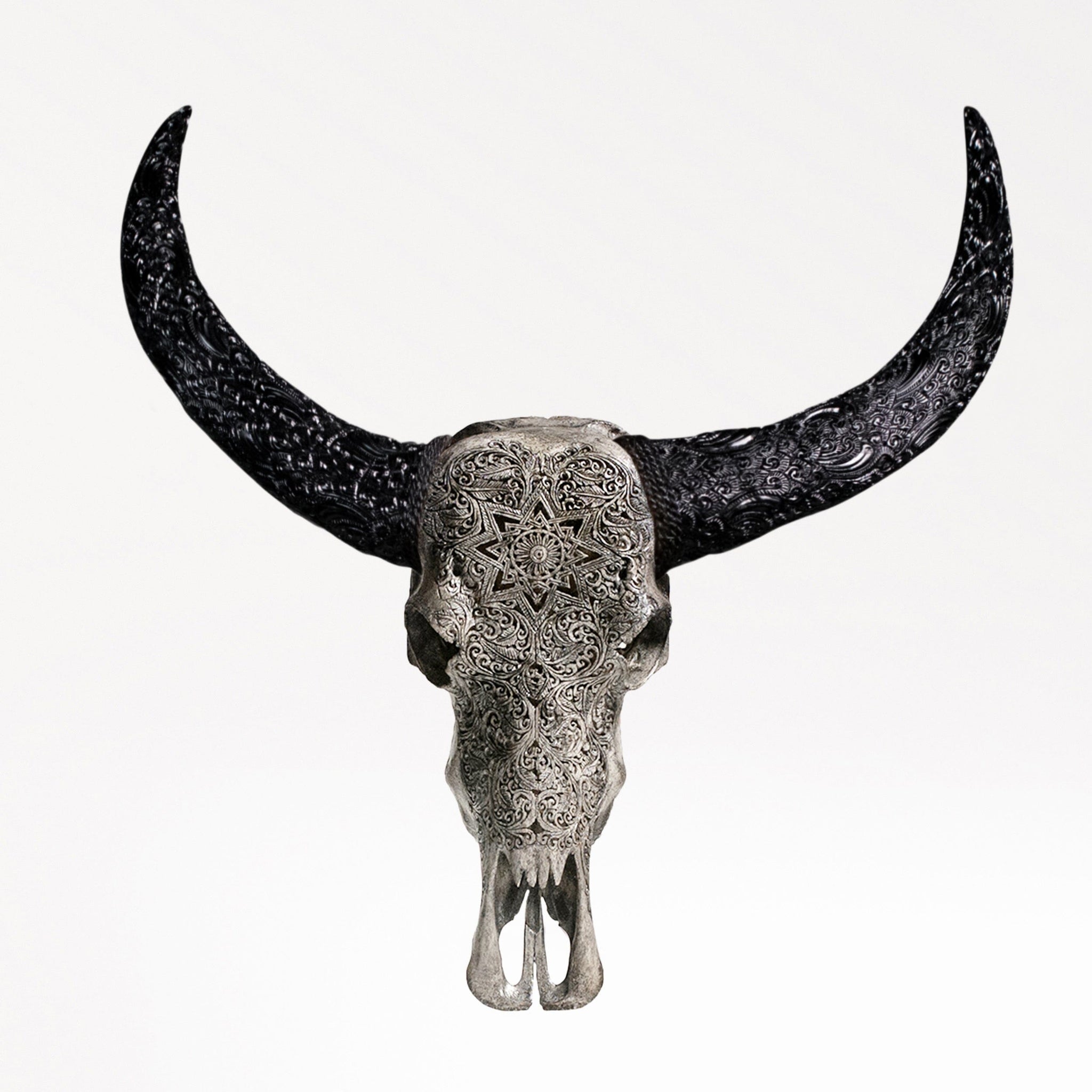 Hand Carved Buffalo Skull - Gray Mandala