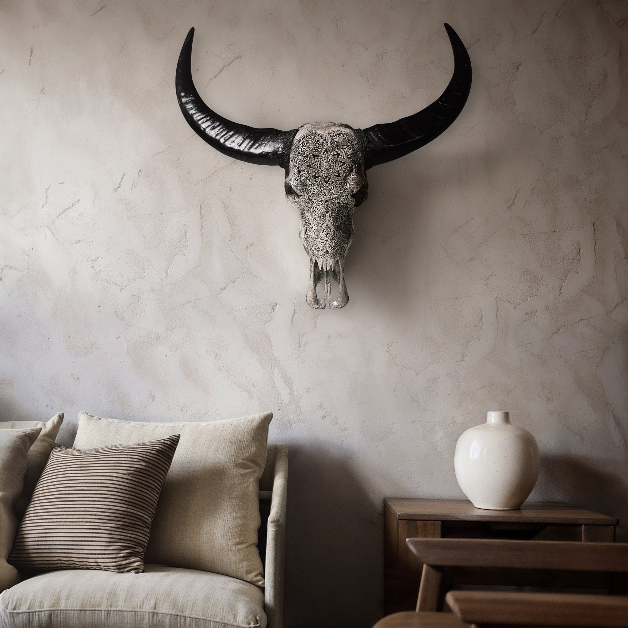 Hand Carved Buffalo Skull - Gray Mandala