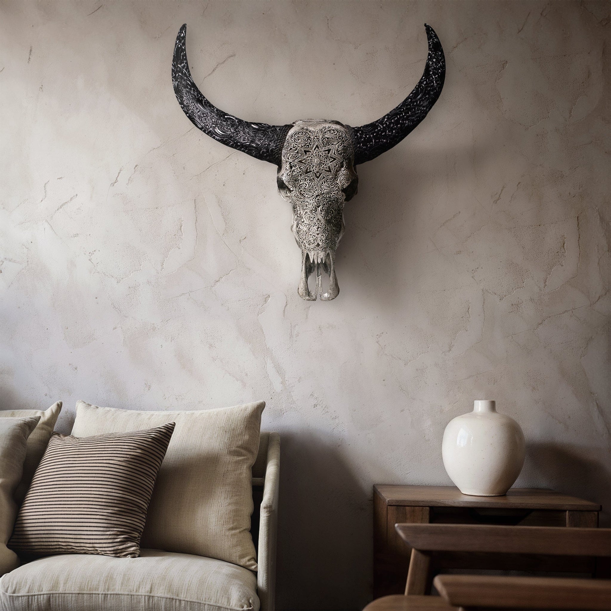 Hand Carved Buffalo Skull - Gray Mandala