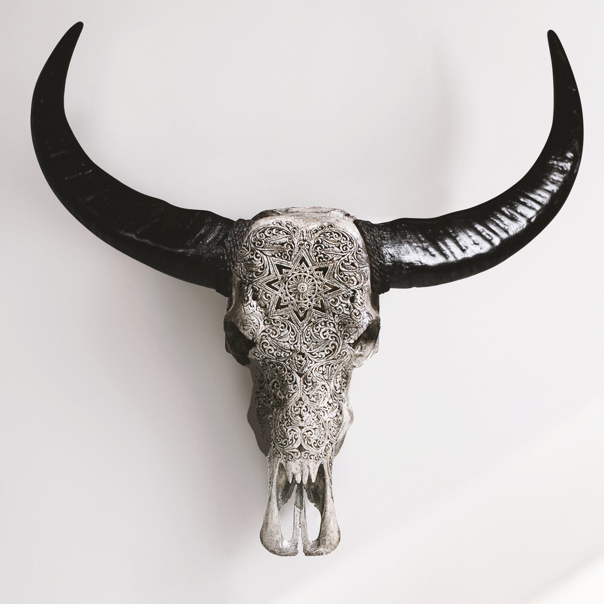 Hand Carved Buffalo Skull - Gray Mandala