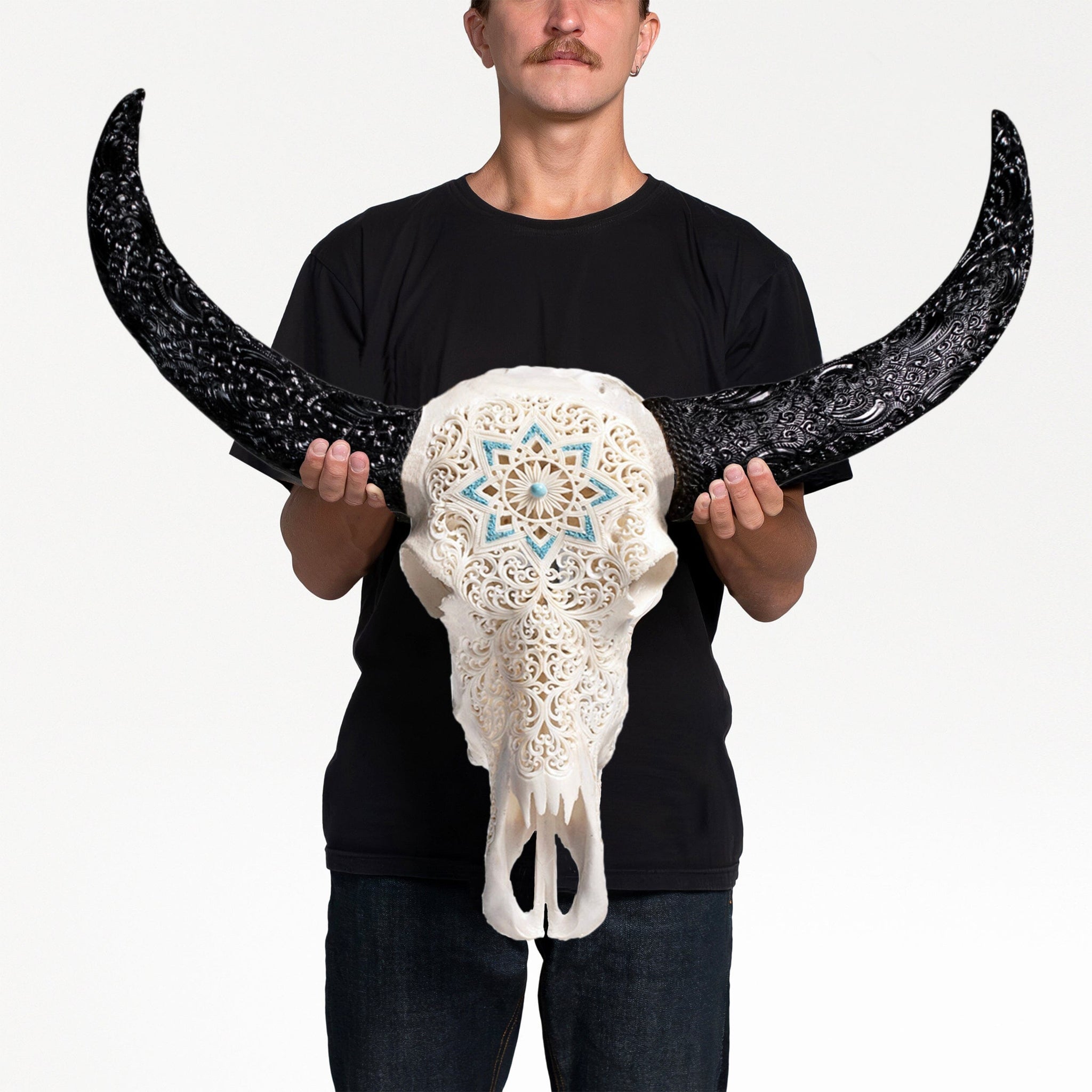 Hand Carved Buffalo Skull - White Glowing Mandala