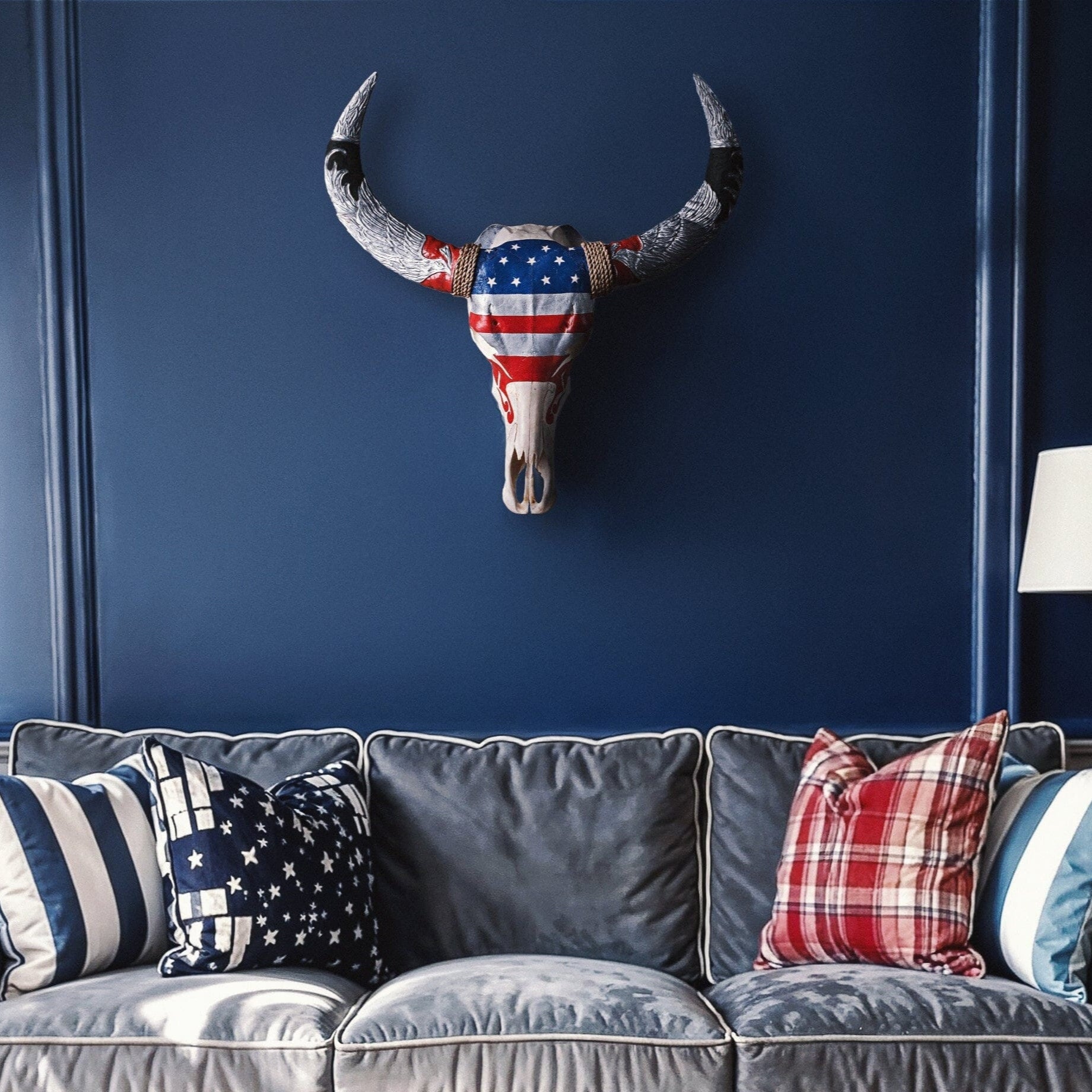 Hand Carved Buffalo Skull - Stars & Stripes
