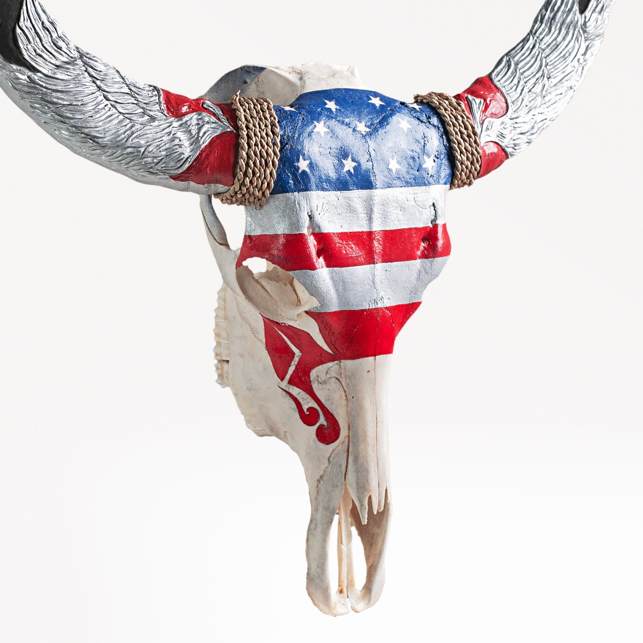 Hand Carved Buffalo Skull - Stars & Stripes