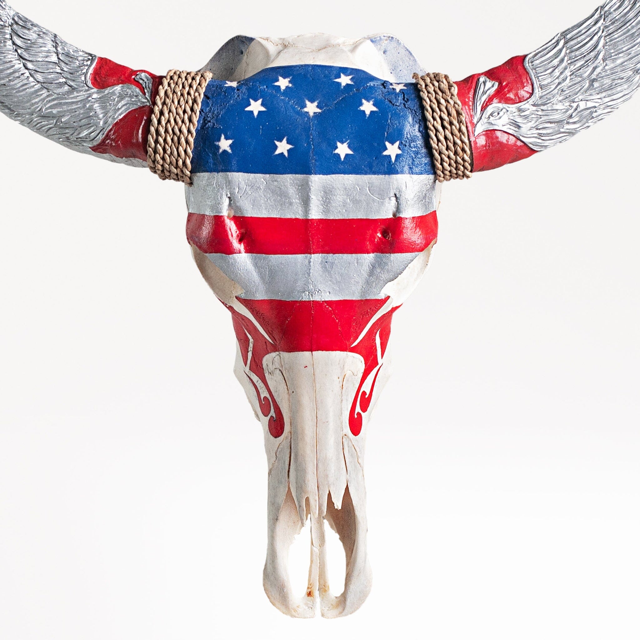 Hand Carved Buffalo Skull - Stars & Stripes