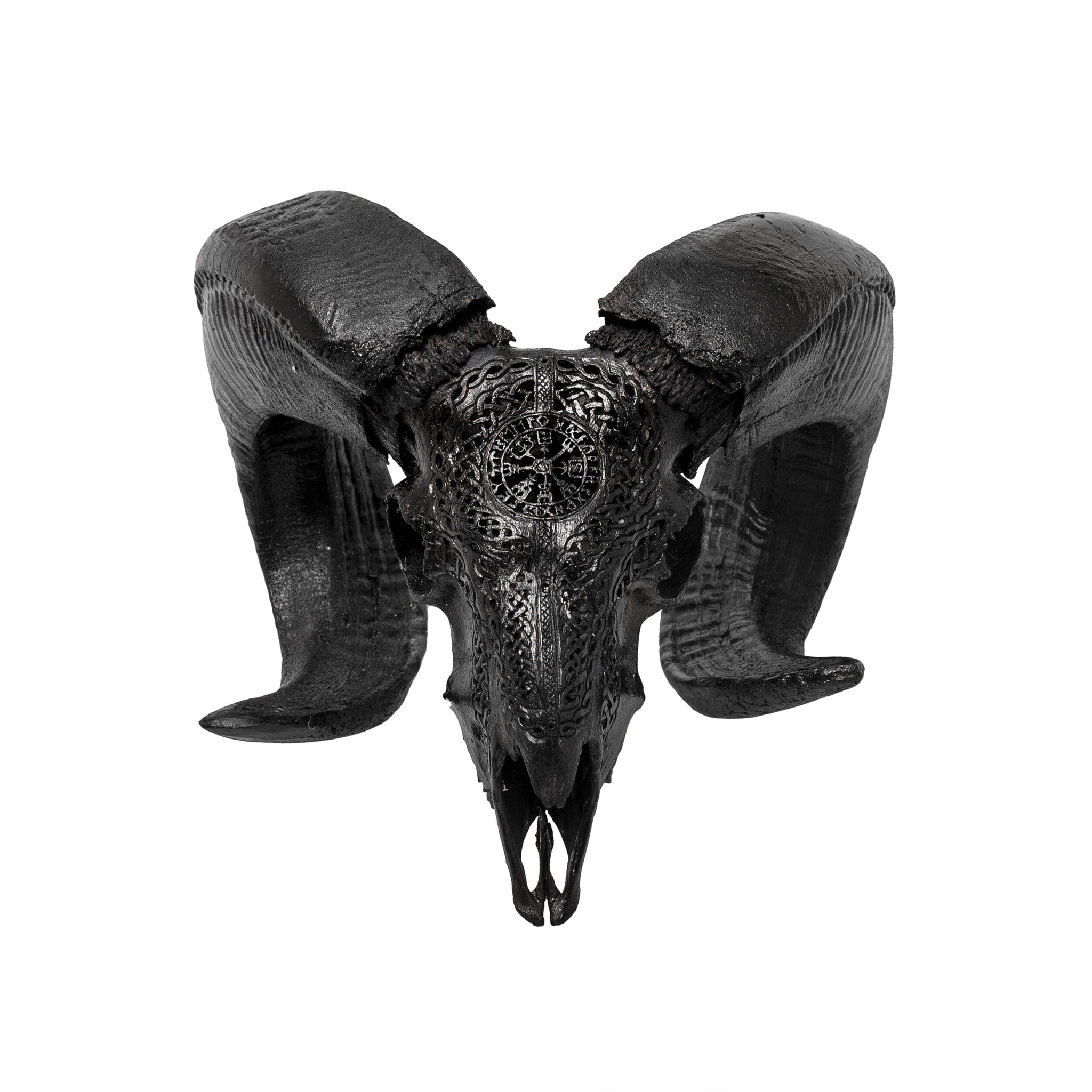 Hand Carved Ram Skull - Black Vegvísir