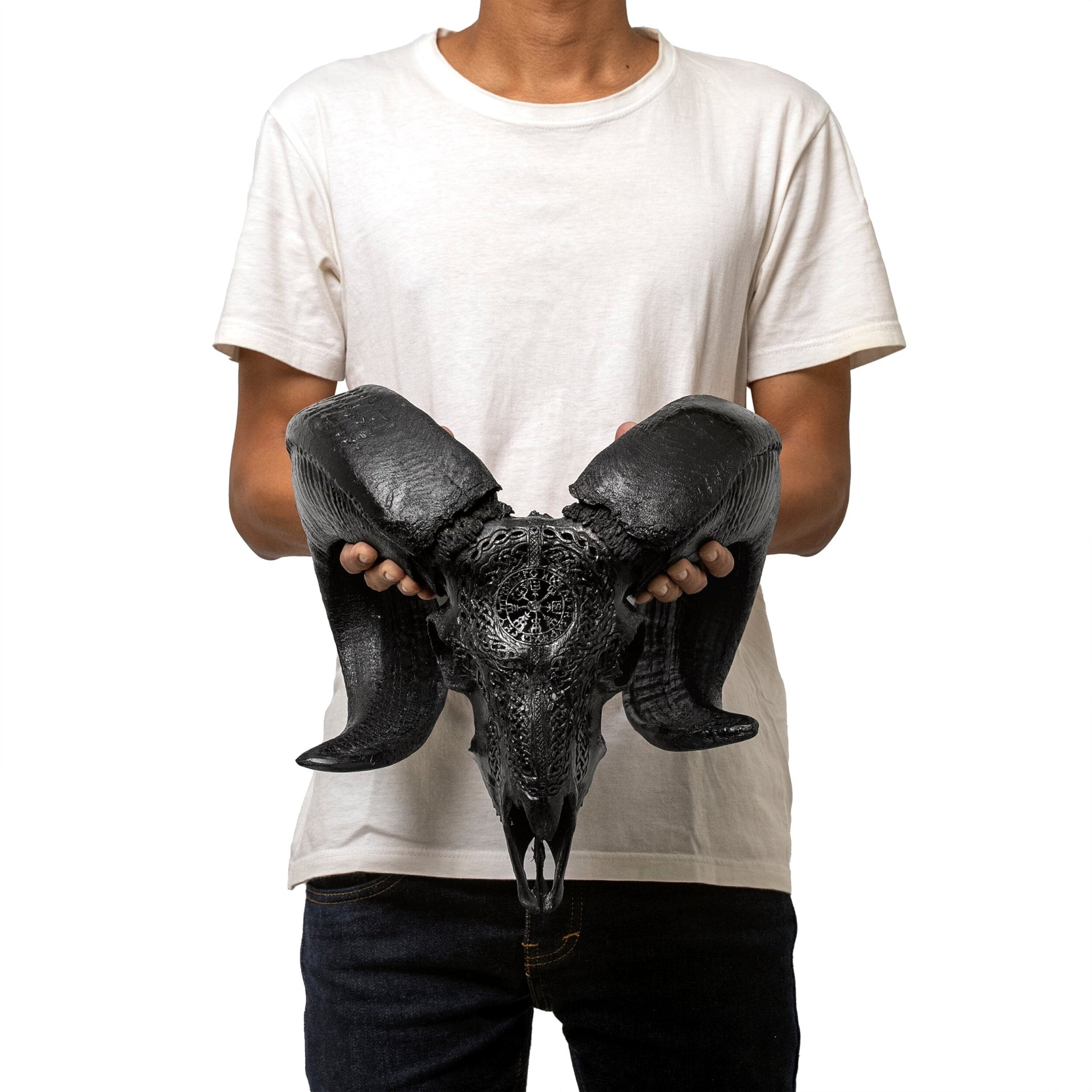 Hand Carved Ram Skull - Black Vegvísir