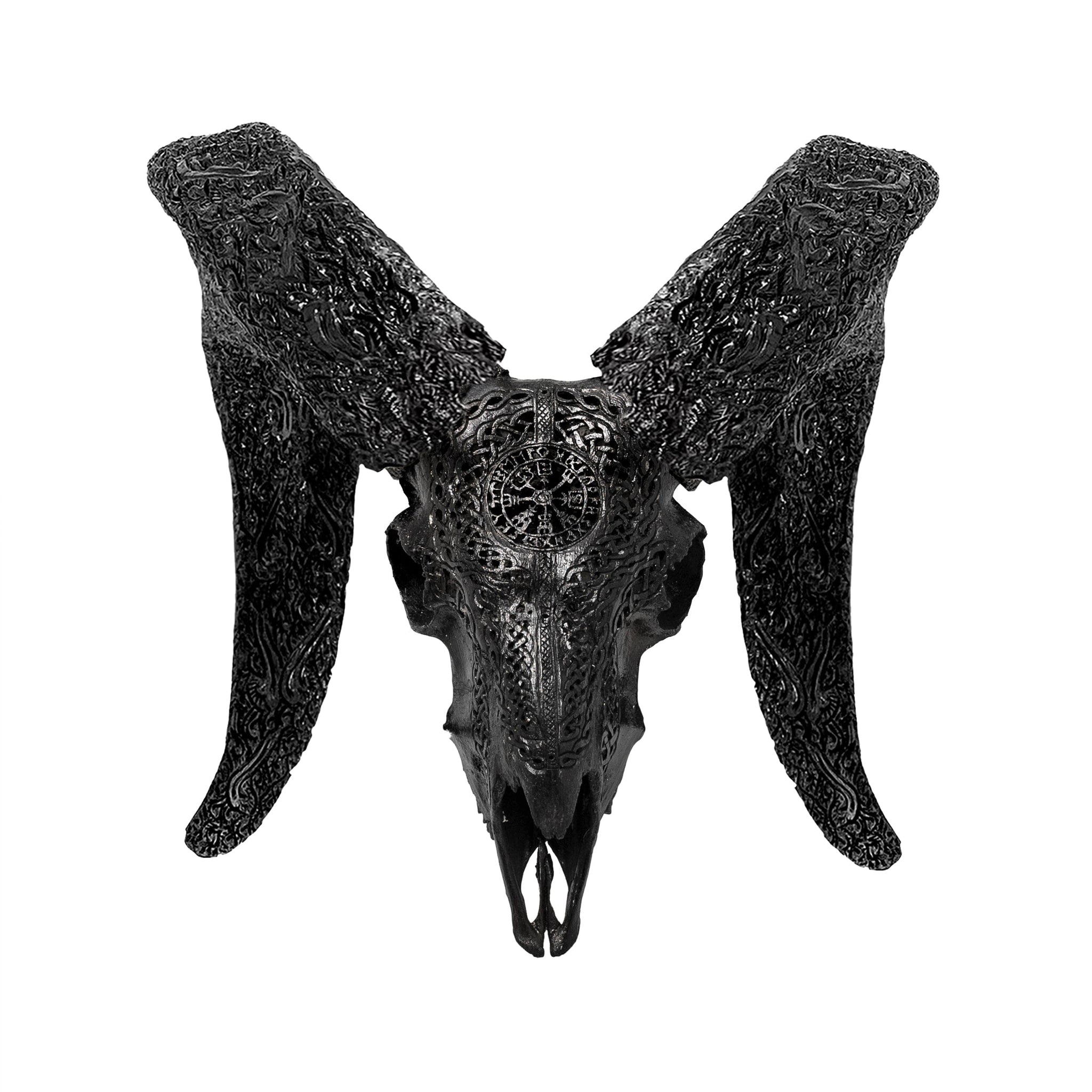 Hand Carved Ram Skull - Black Vegvísir